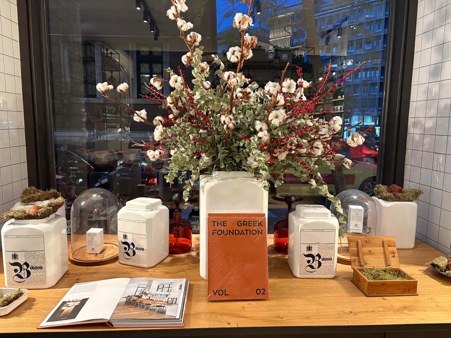 Glass pharmacy jars and Products inside Naxos Apothecary boutique in Athens.