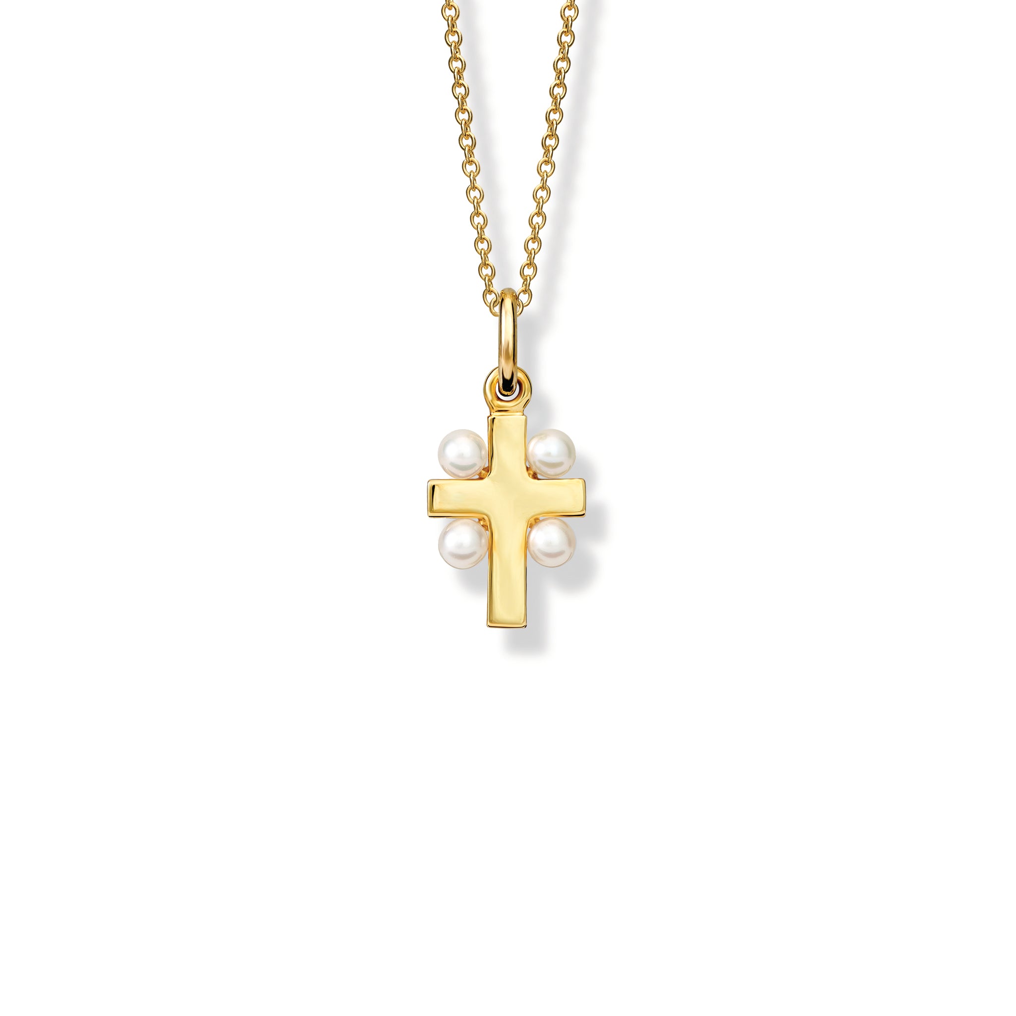 Handcrafted yellow gold cross pendant adorned with a pearl at each end, hanging from a gold chain.
