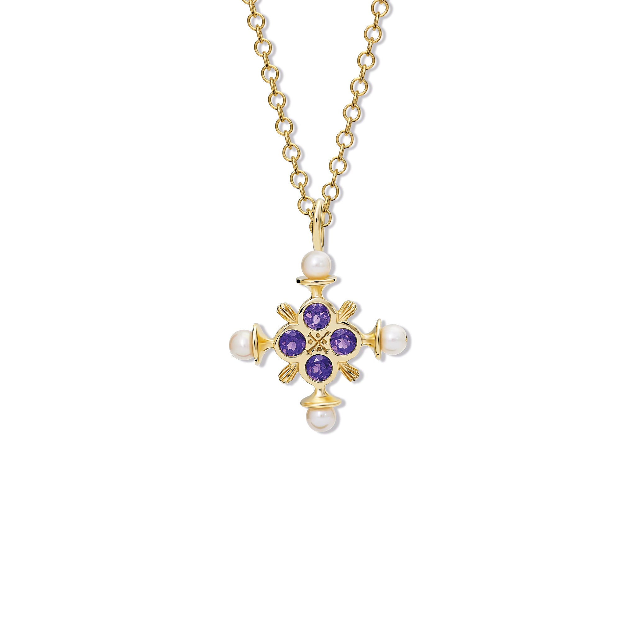 Handcrafted yellow gold cross pendant with amethyst and pearls, birthstone of February.