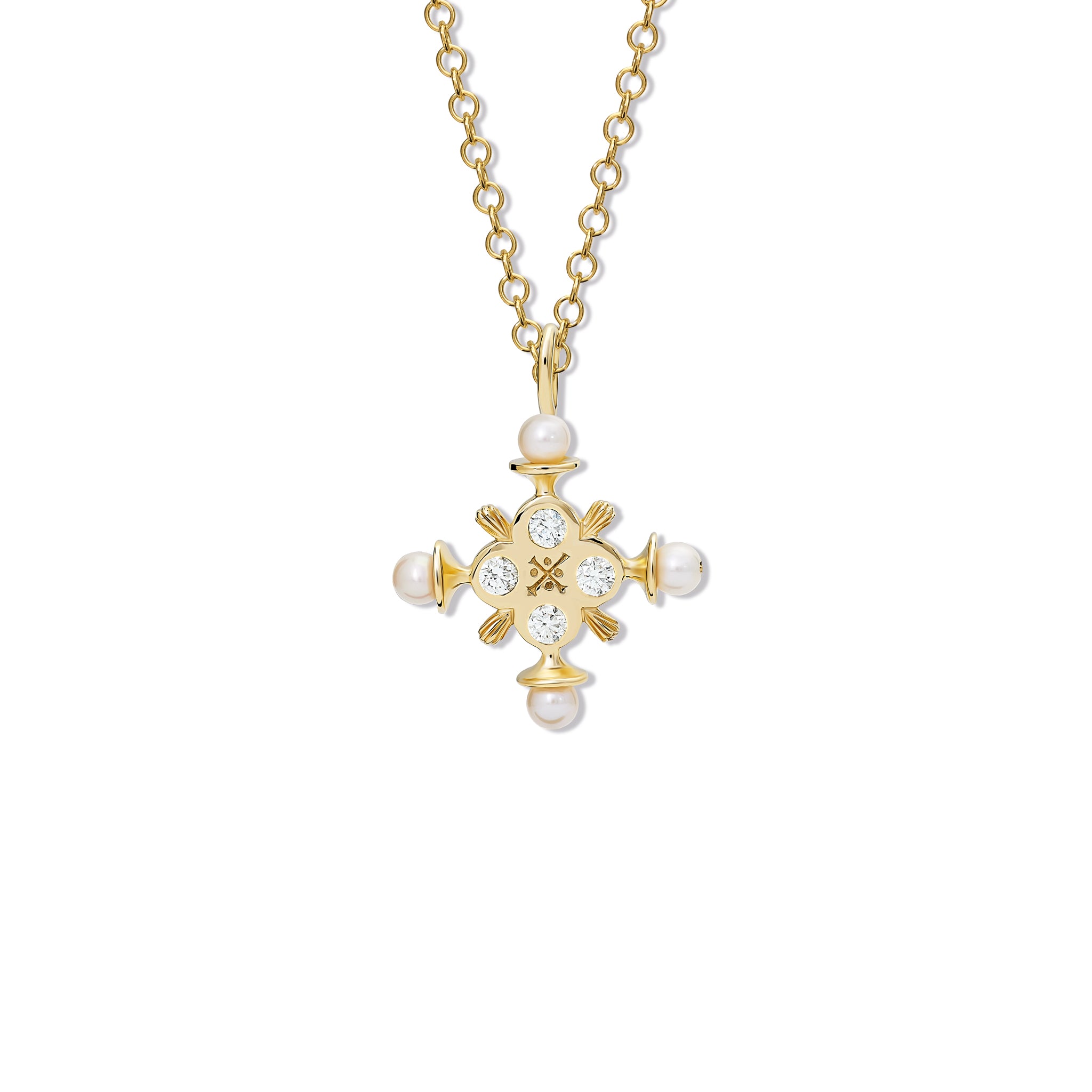 Madrid Large Cross Pendant Yellow Gold - Diamond & Pearl