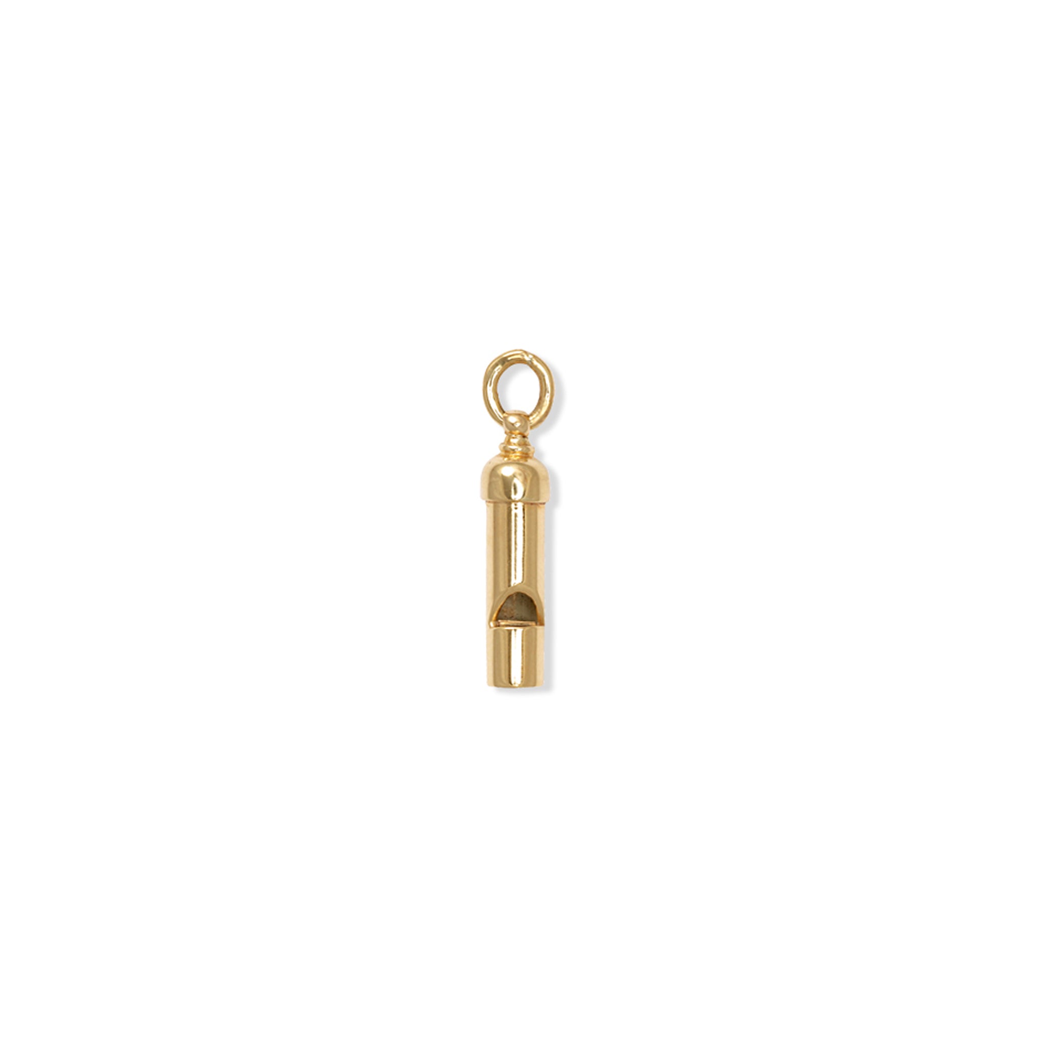 Handcrafted yellow gold necklace pendant showcasing a whistle.