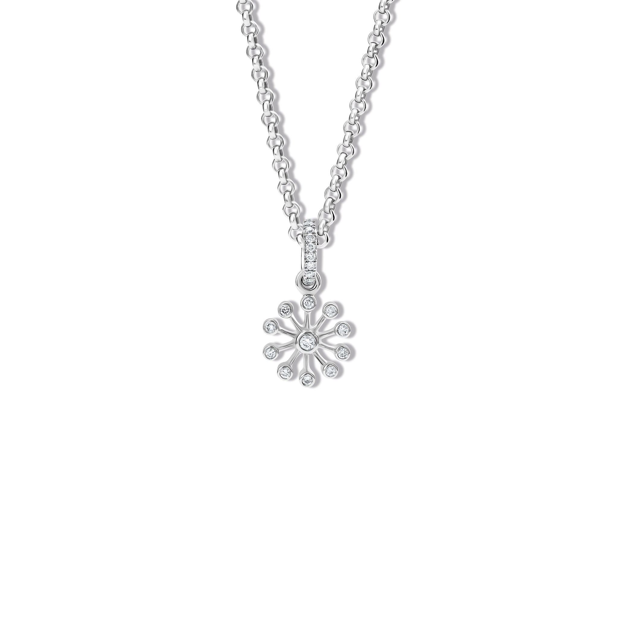 Handcrafted 18ct white gold necklace pendant inspired by the delicate spurs of an astrantia flower, with diamonds set at the tip of each spur.