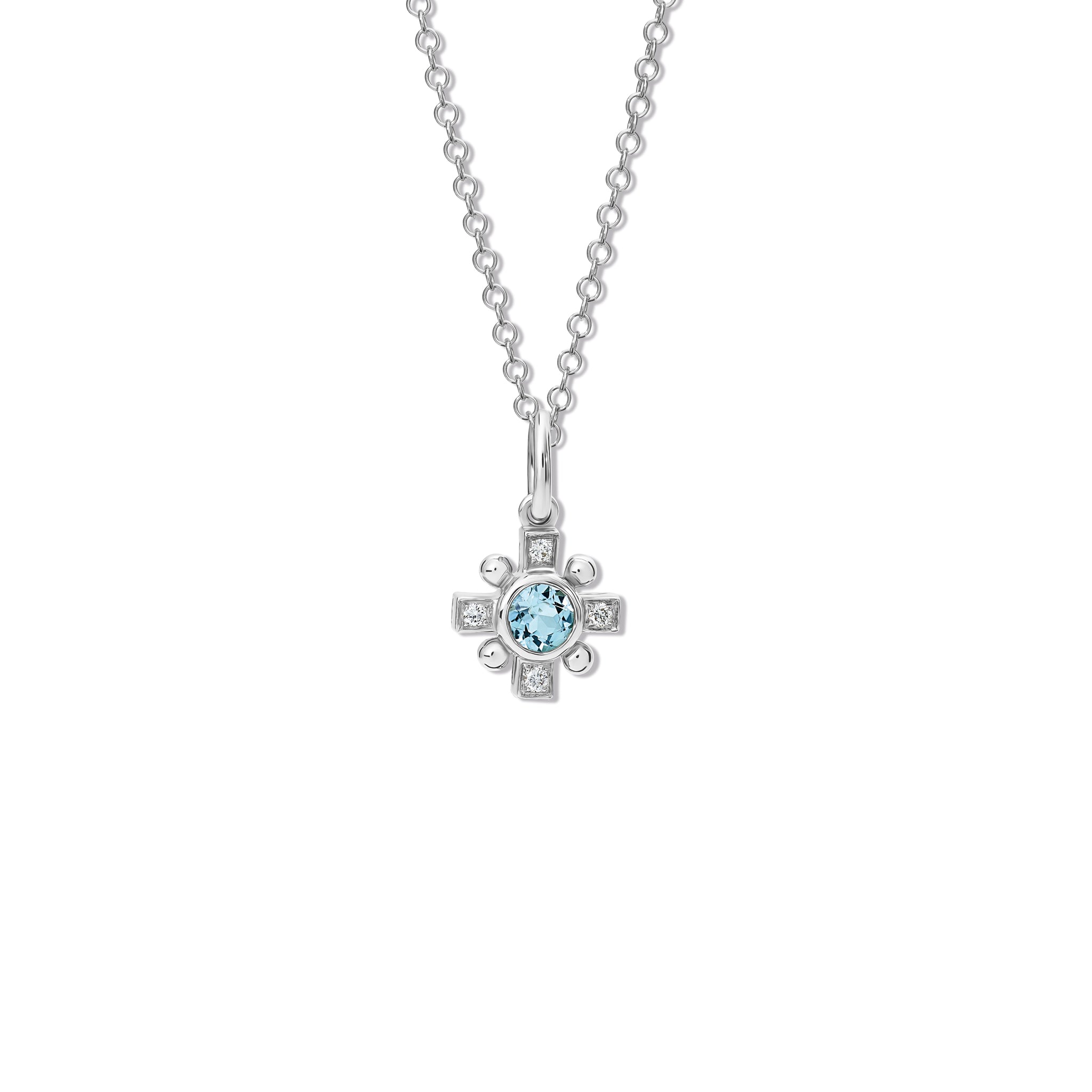 Handcrafted white gold Quadro cross pendant with blue topaz and diamond,  birthstone of November.