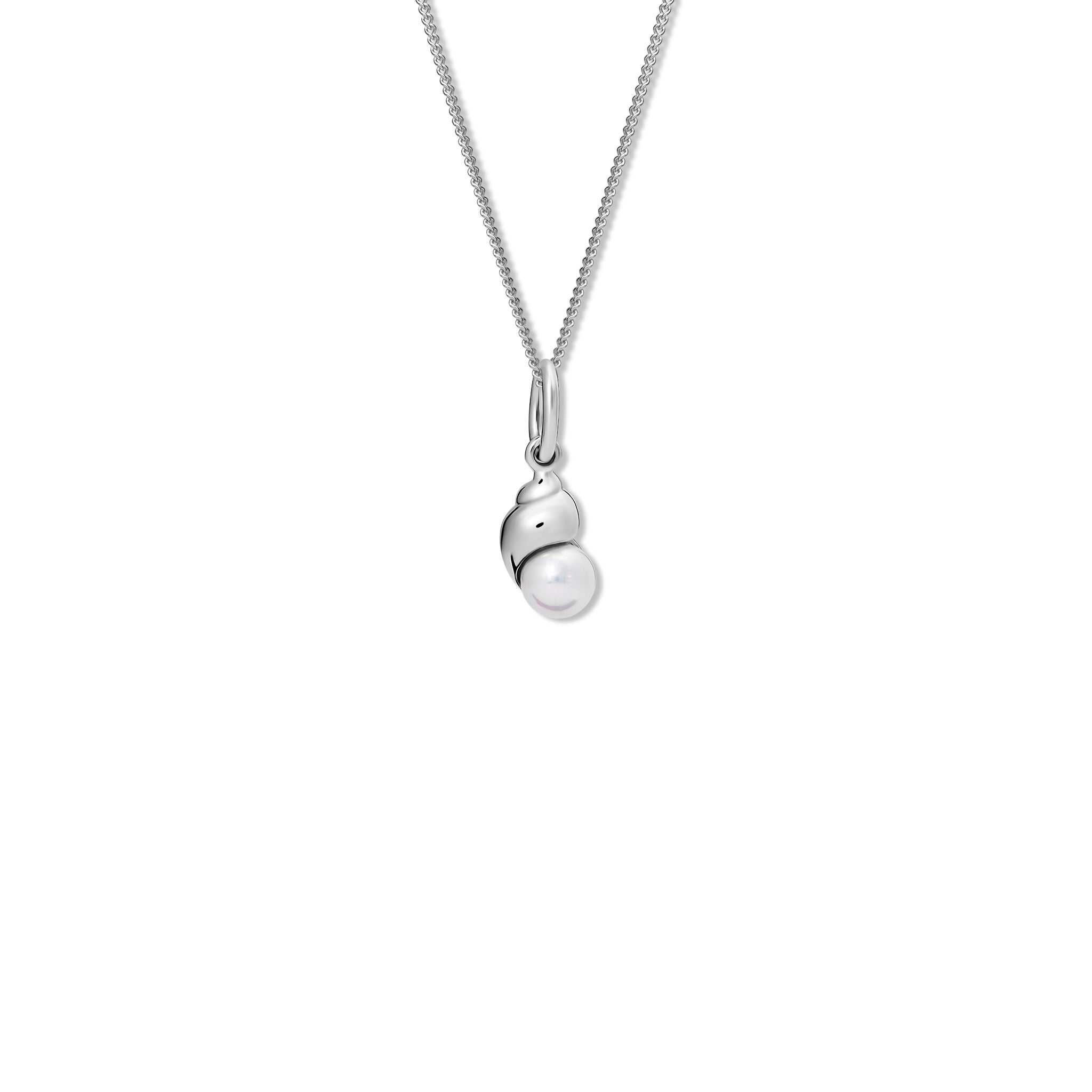 Handcrafted sterling silver shell shaped necklace pendant with a pearl.