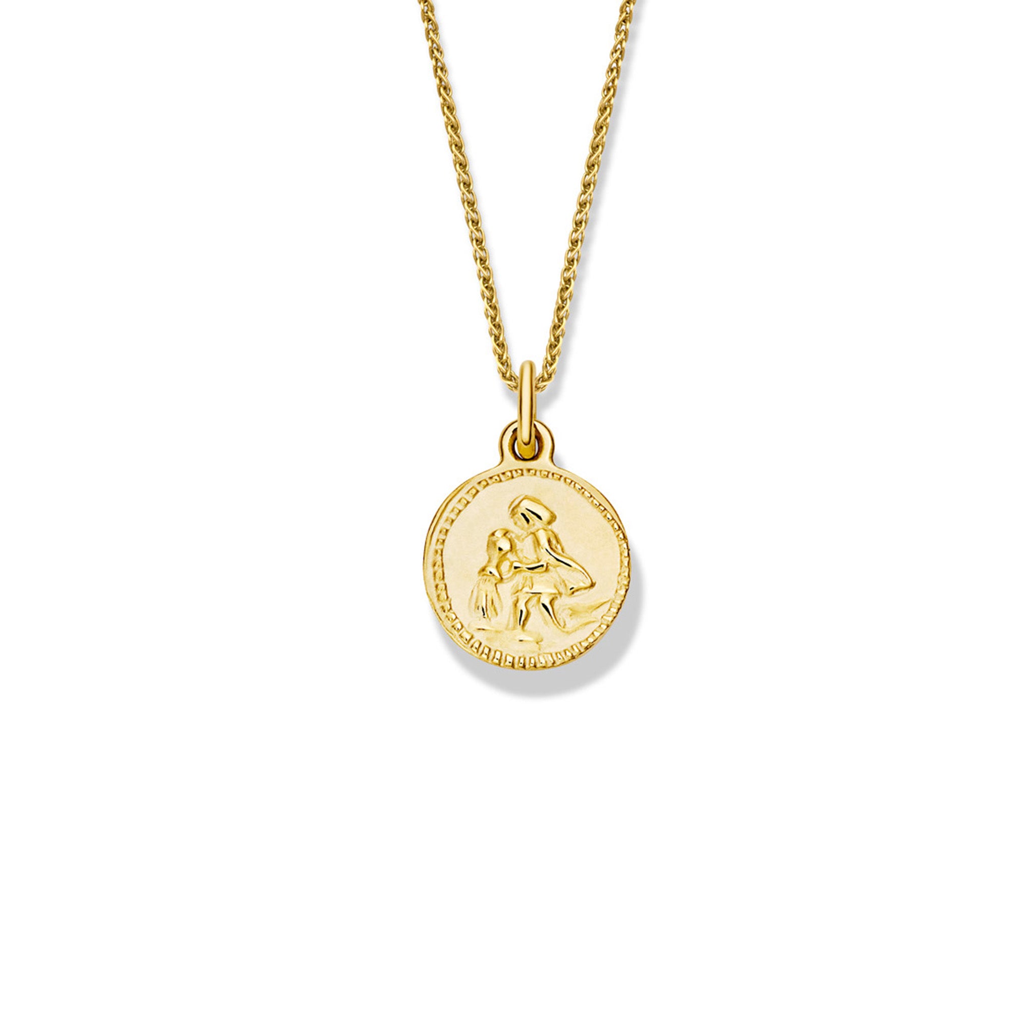 Handcrafted round yellow gold necklace pendant engraved with the zodiac Aquarius.