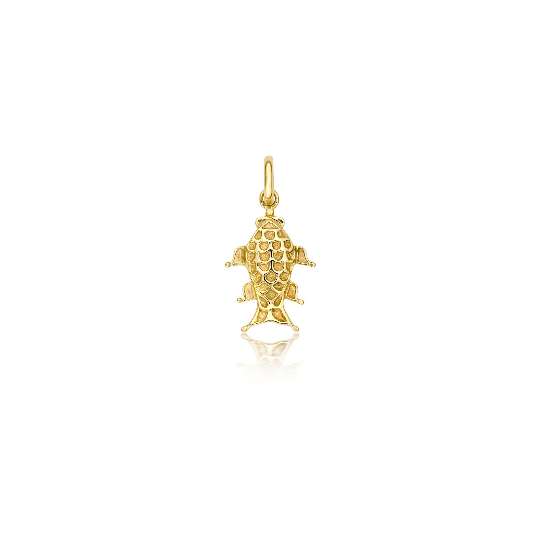 Handcrafted yellow gold fish shaped necklace pendant.