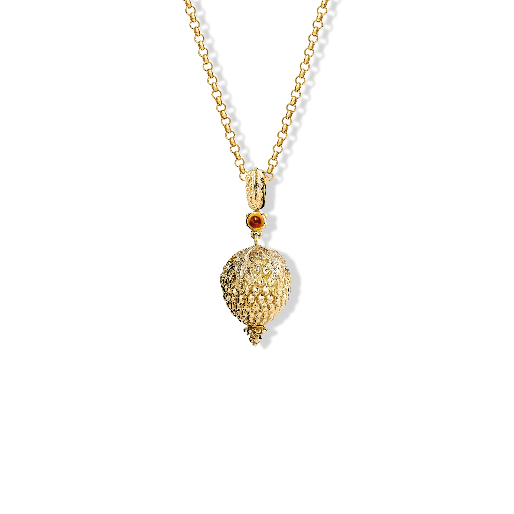 The brinjal marriage necklace pendant in precious metal featuring a precious stone, hanging from a necklace chain.