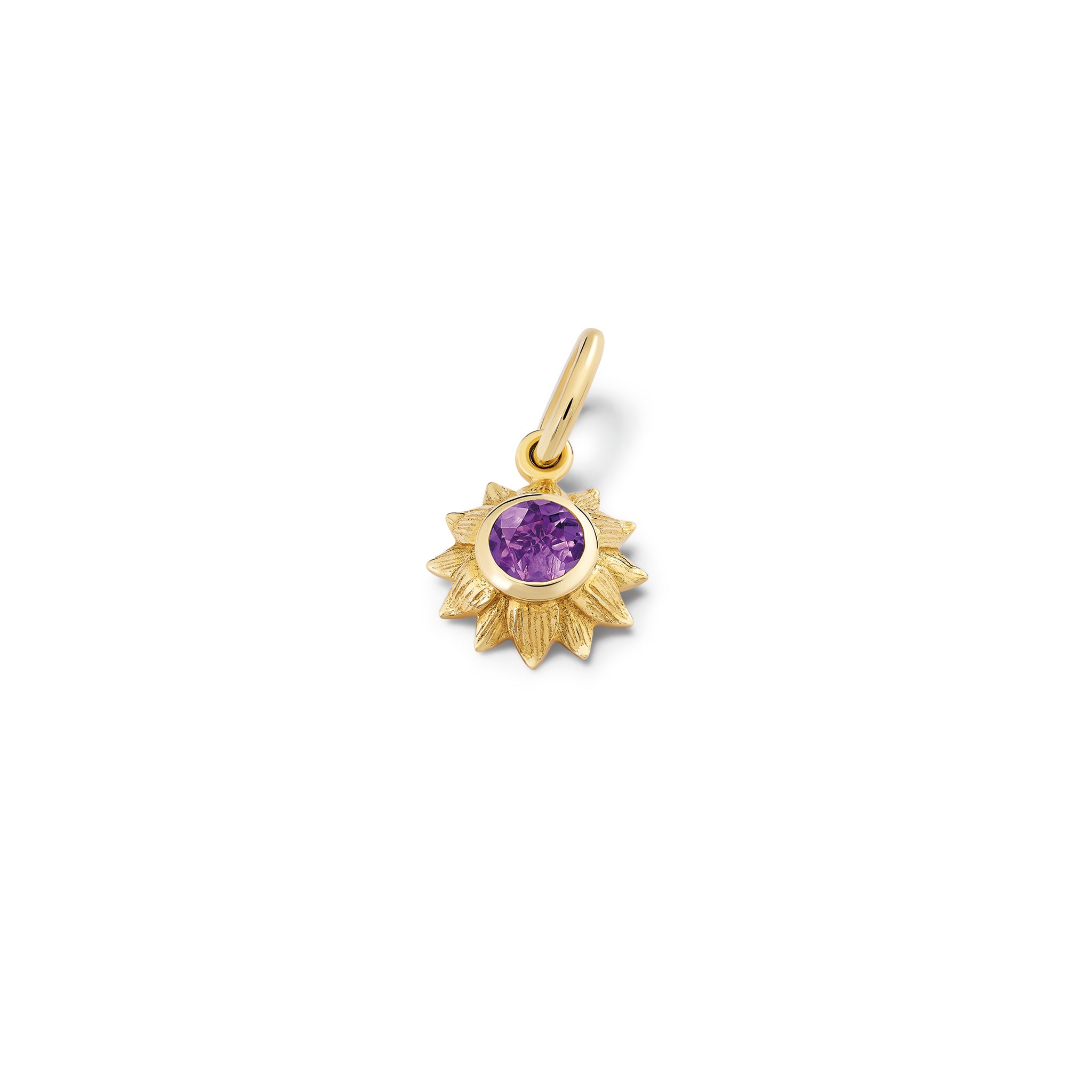 Handcrafted yellow gold sunflower necklace pendant featuring a central amethyst, birthstone of February.
