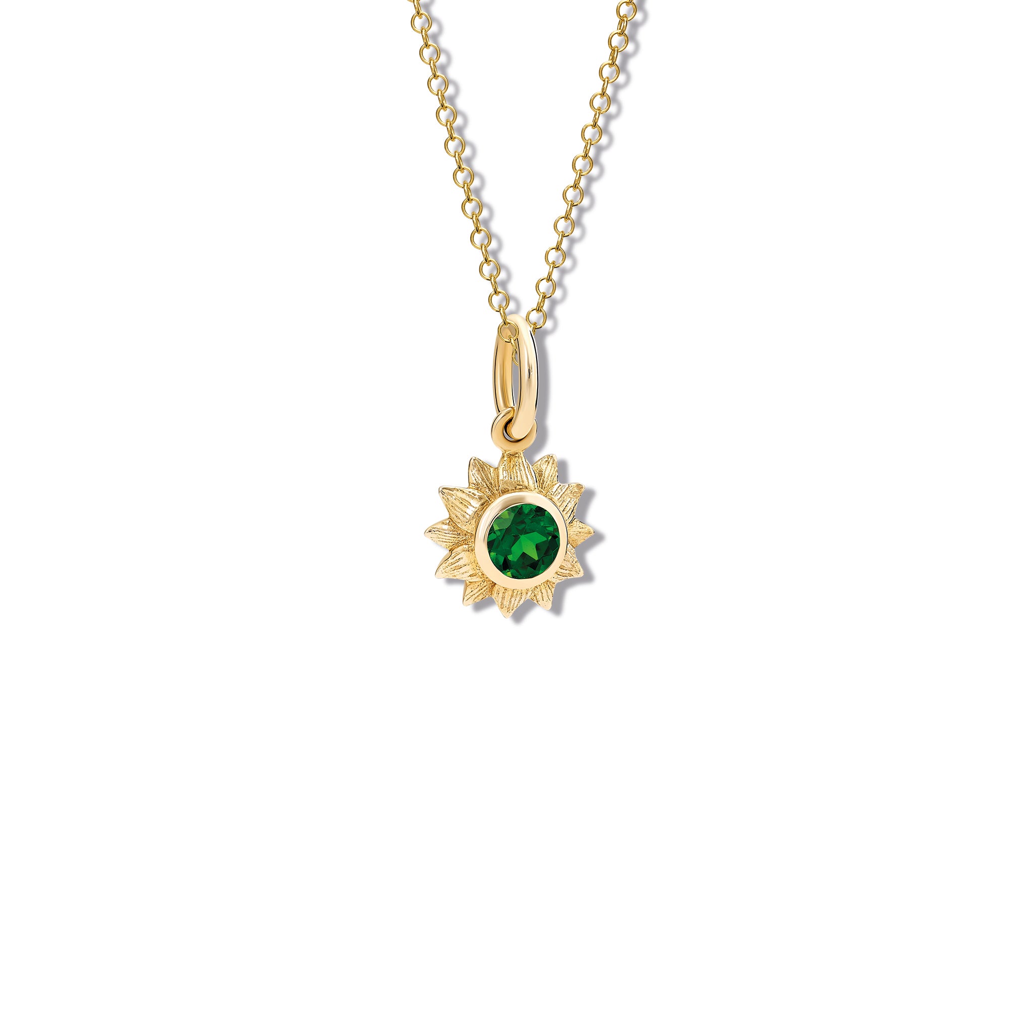 Handcrafted yellow gold sunflower necklace pendant featuring a central chrome diopside.