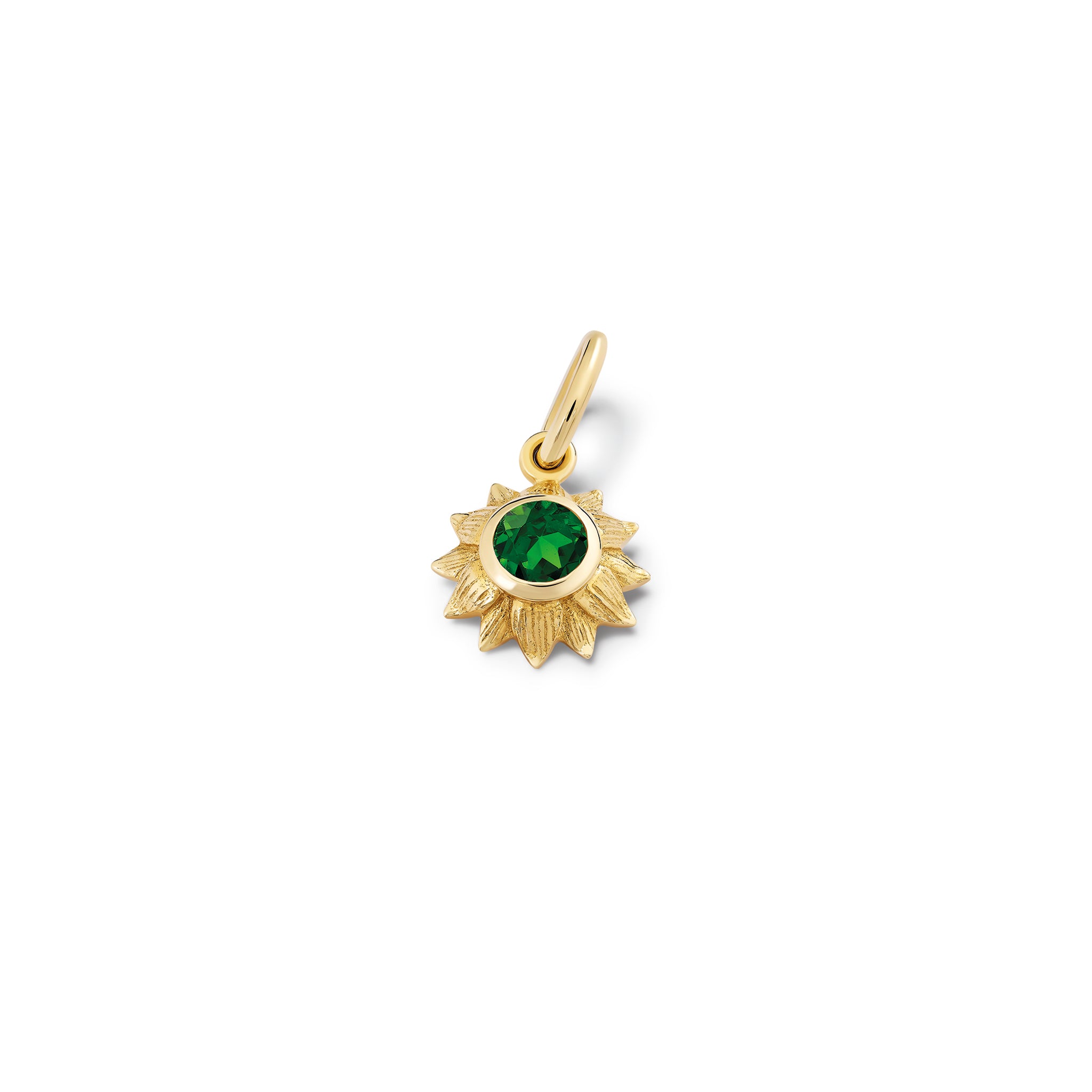 Handcrafted yellow gold sunflower necklace pendant featuring a central chrome diopside.
