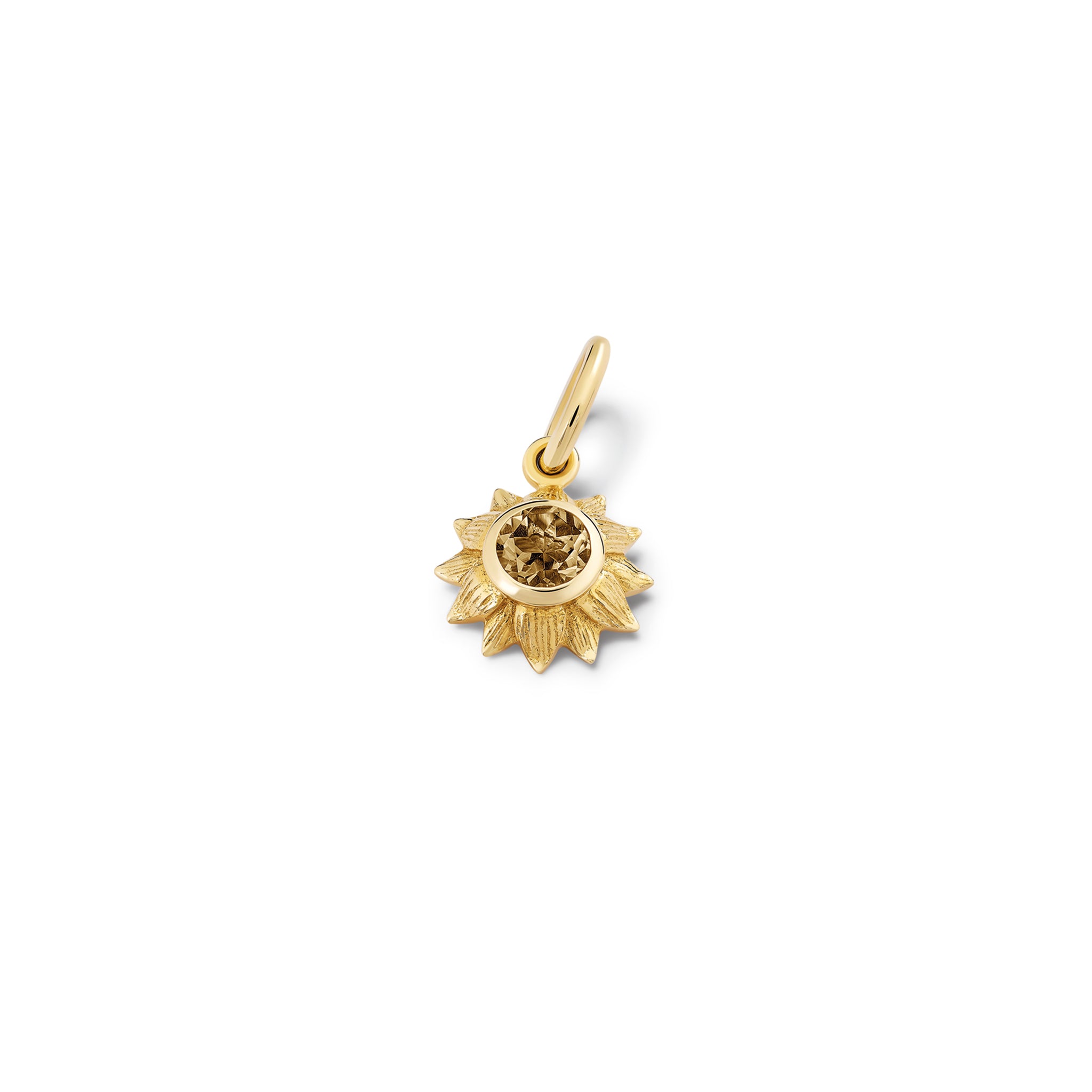 Handcrafted yellow gold sunflower necklace pendant featuring a central smoky quartz.