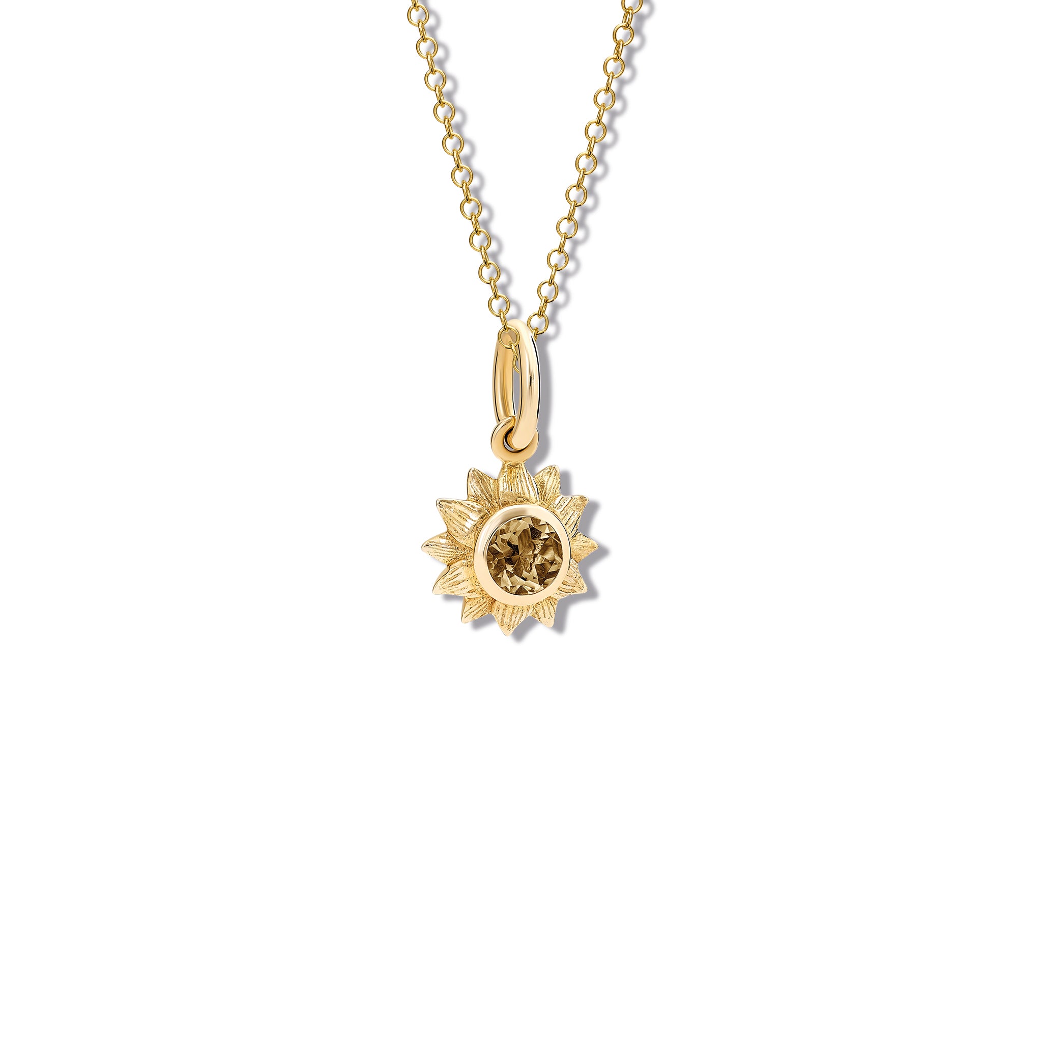 Handcrafted yellow gold sunflower necklace pendant featuring a central smoky quartz.