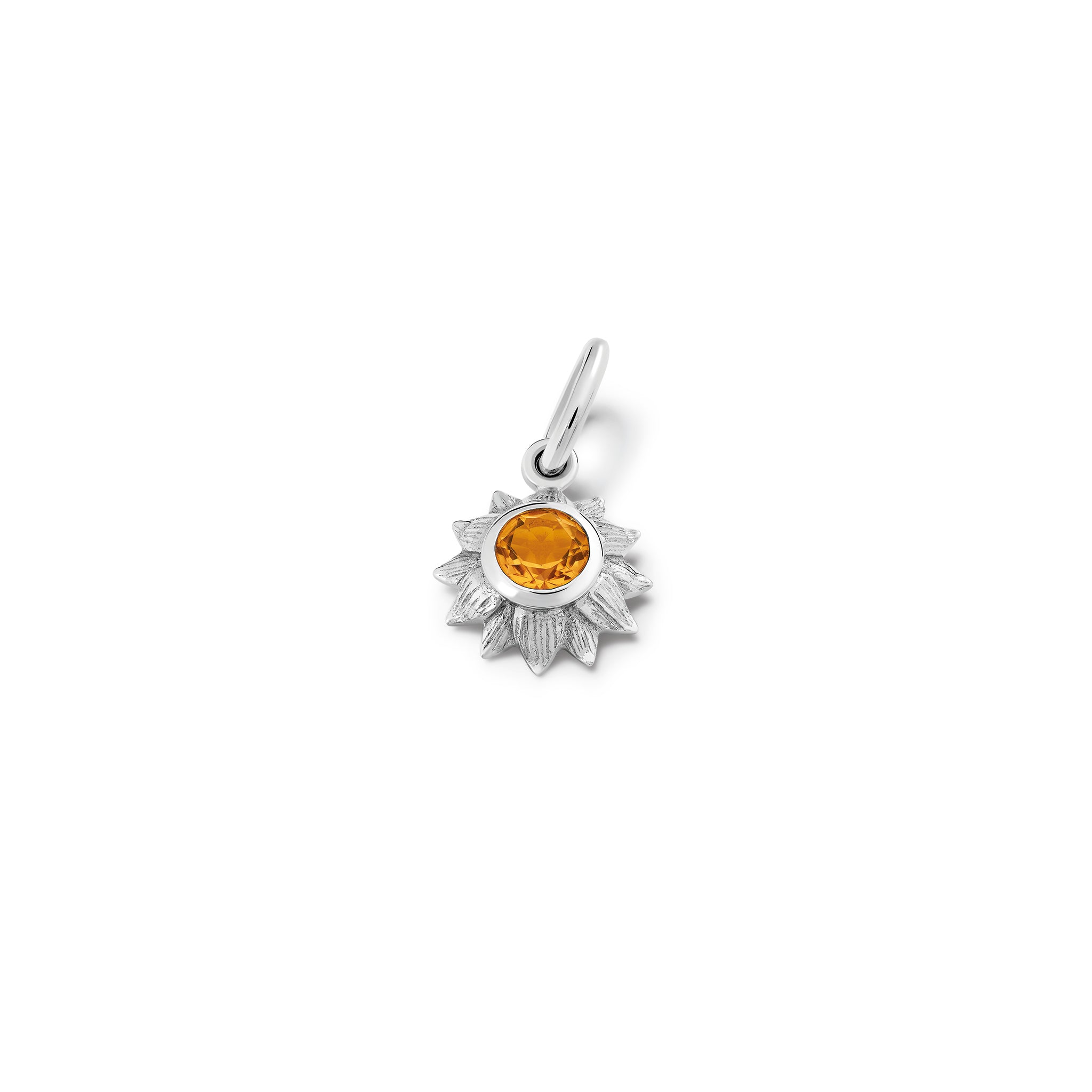 Handcrafted sterling silver sunflower necklace pendant featuring a central citrine, birthstone of November.