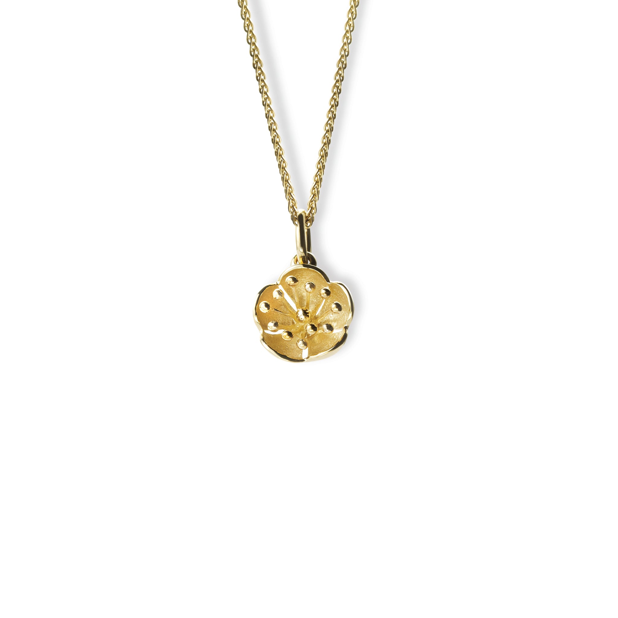 Handcrafted yellow gold necklace pendant featuring a plum blossom shape.