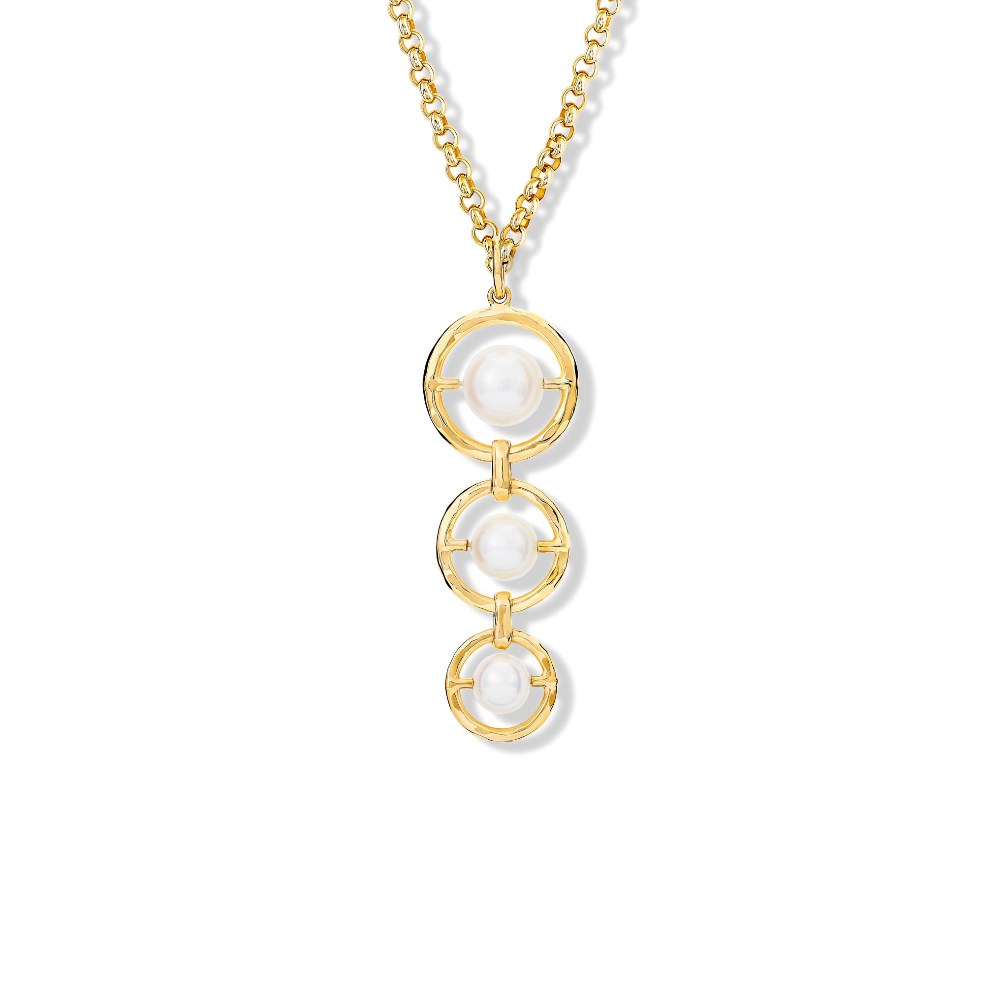 Handcrafted yellow gold necklace pendant with three vertically aligned circular frames, each encircling a pearl.
