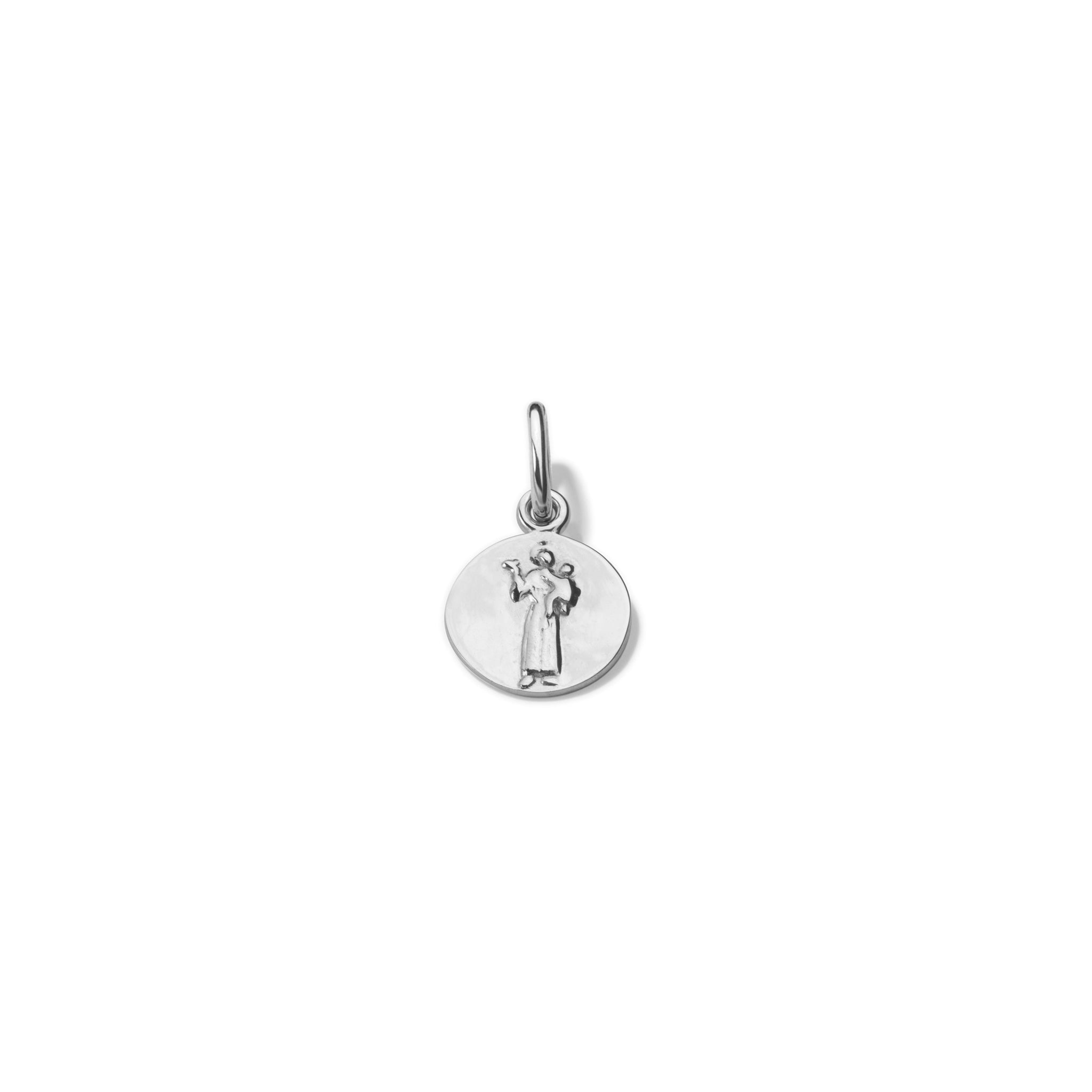 Handcrafted round sterling silver necklace pendant featuring an engraving of Saint Francis, with a loop at the top for chain attachment.
