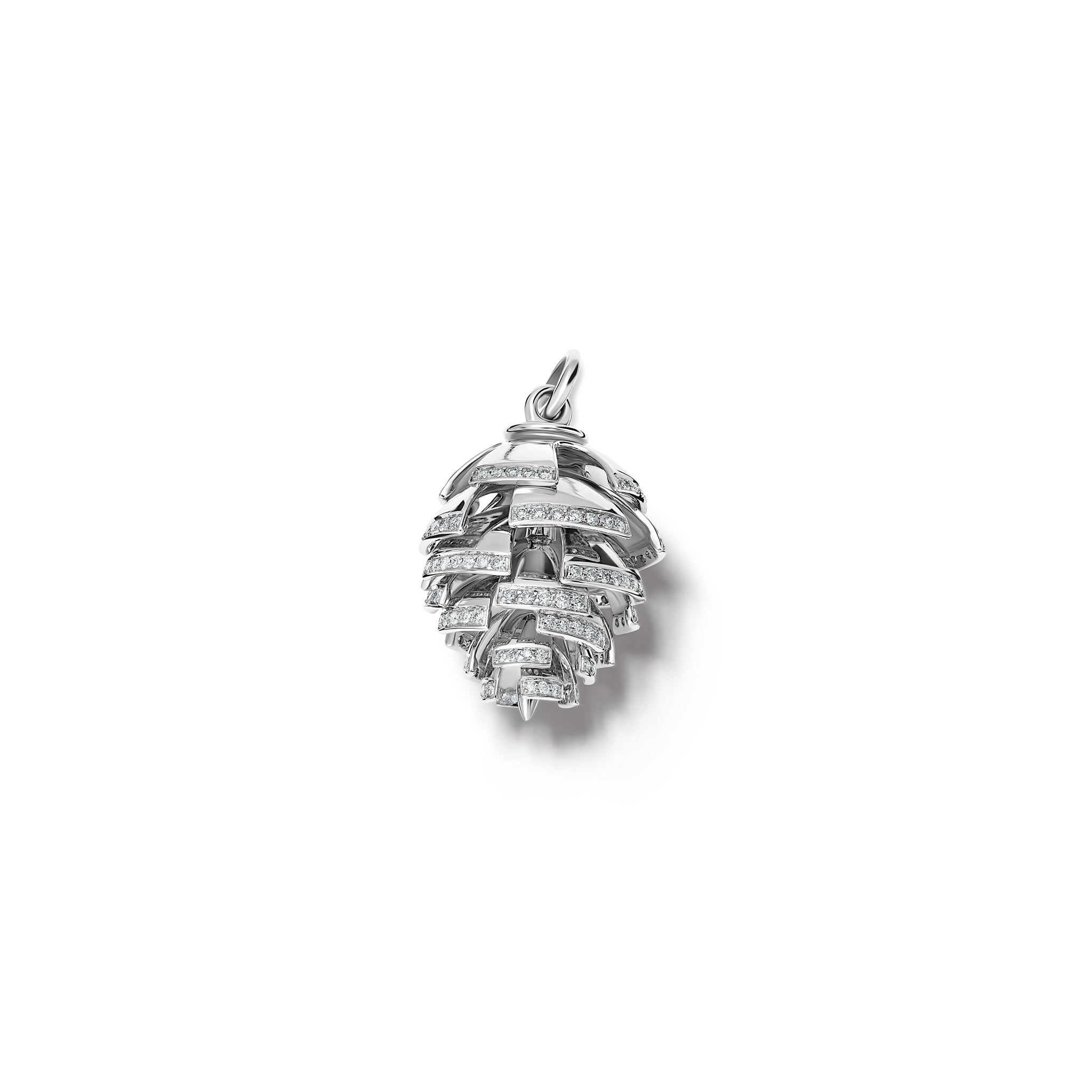 Handcrafted white gold fir cone shaped necklace pendant with diamonds.