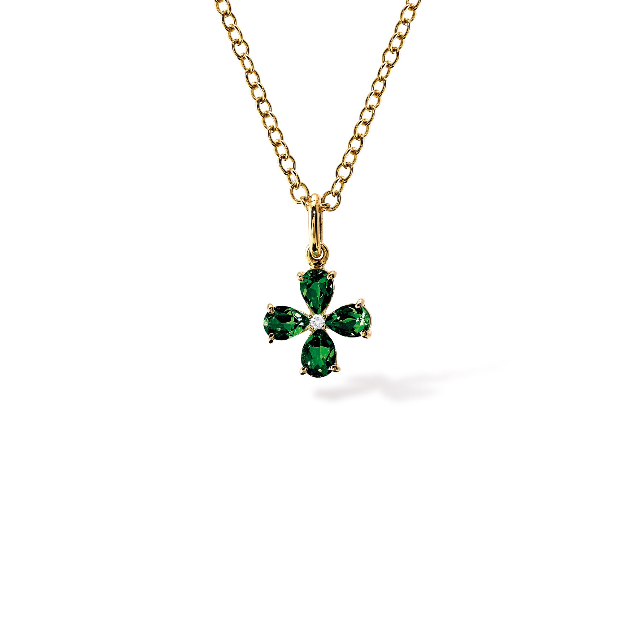 Klover Medium Flower Necklace Pendant Yellow Gold - Chrome Diopside & Diamond