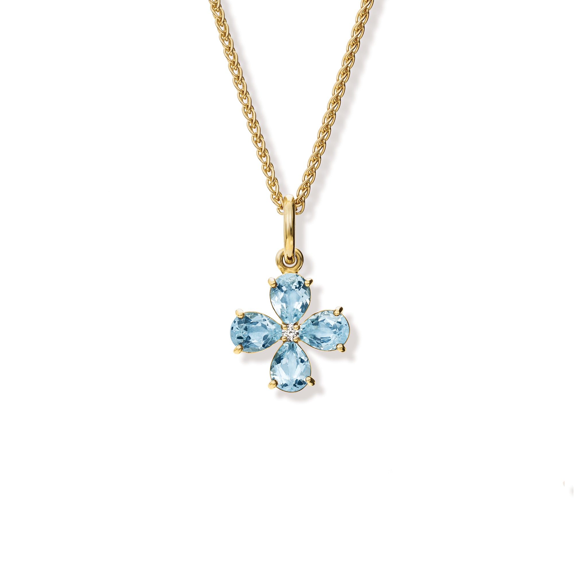 Klover Large Flower Necklace Pendant Yellow Gold - Blue Topaz