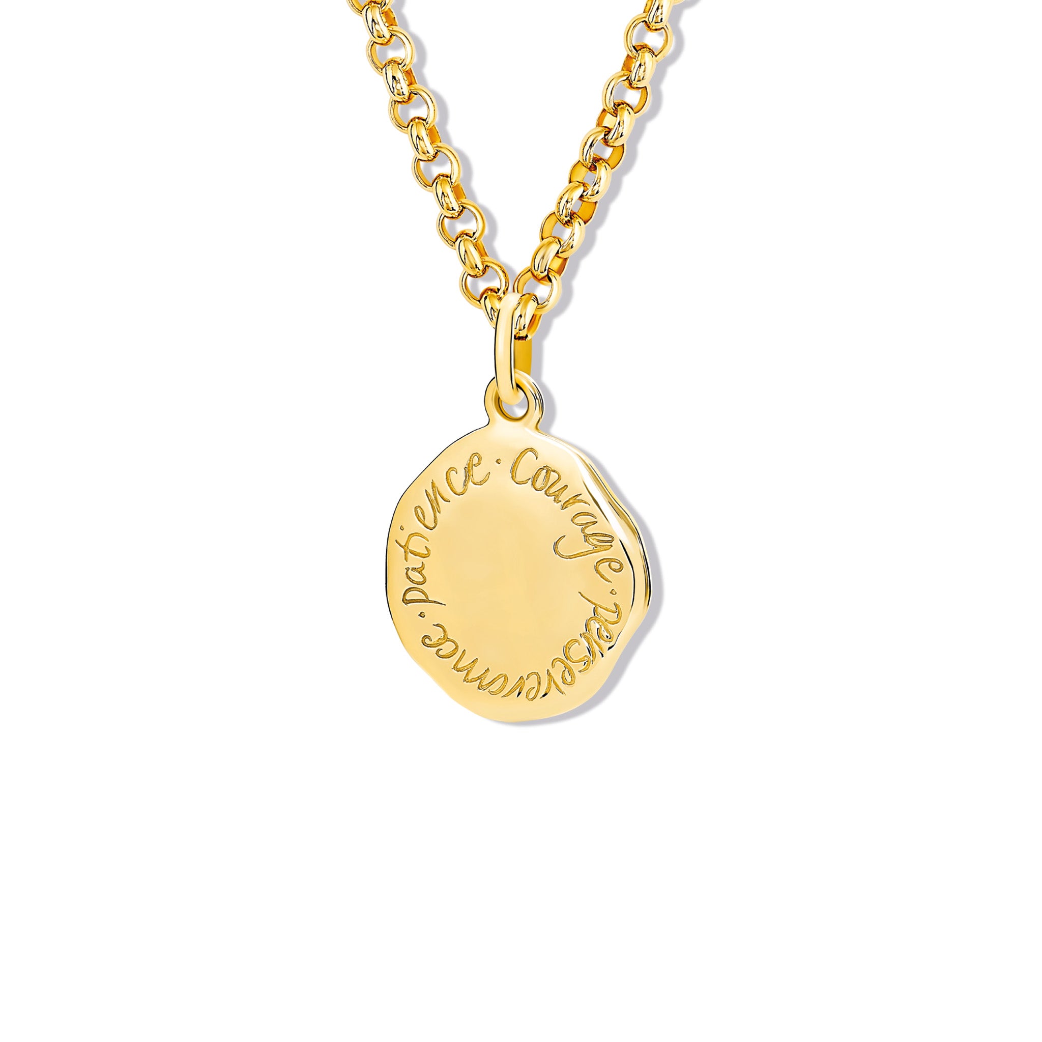 Handcrafted round yellow gold necklace pendant engraved with the quote, 'Courage, Perseverance, Patience.'