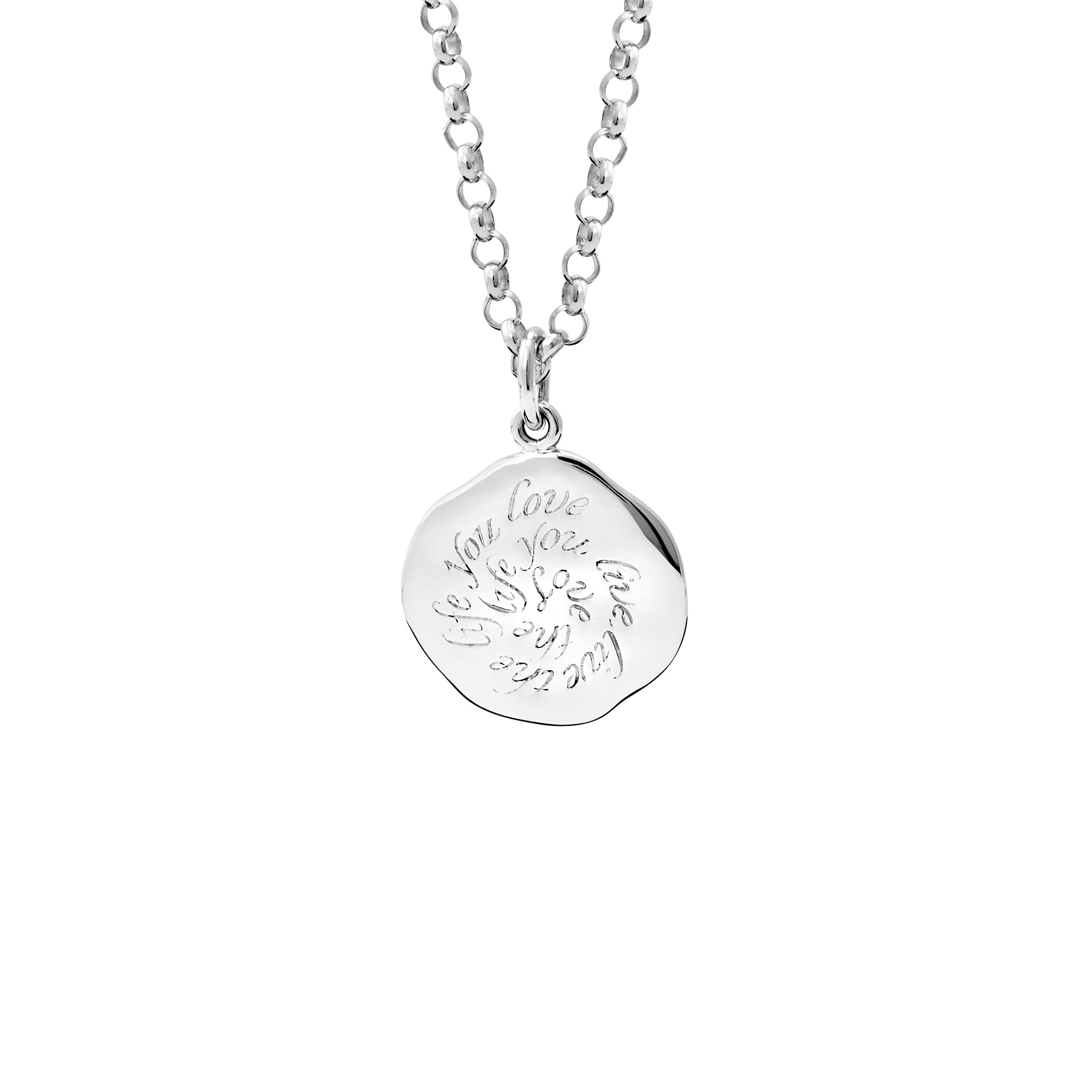 Handcrafted sterling silver necklace pendant engraved with the quote, 'Live as if you were to die tomorrow. Learn as if you were to live forever.'