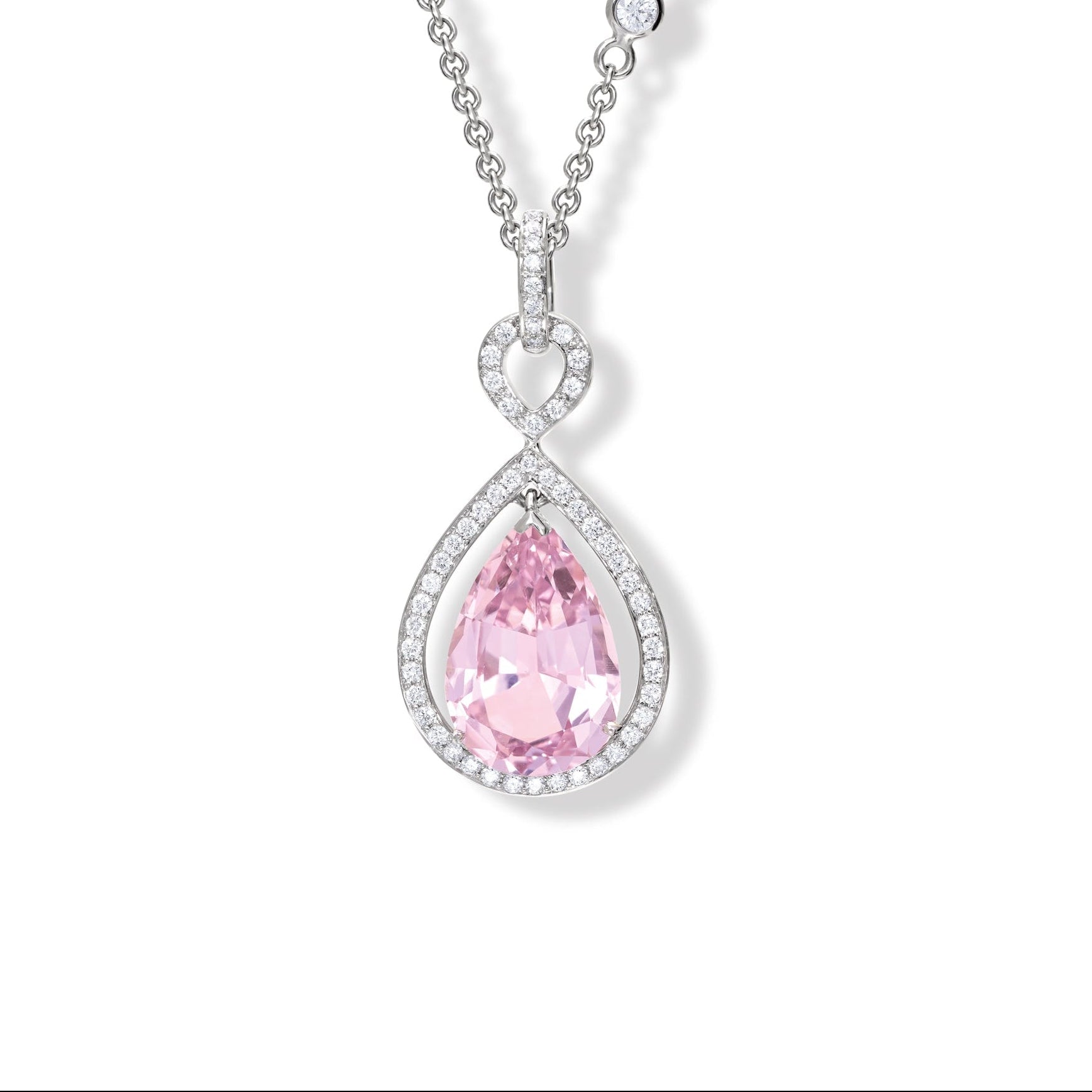 Handcrafted 18ct white gold necklace pendant featuring a central morganite surrounded by diamonds.