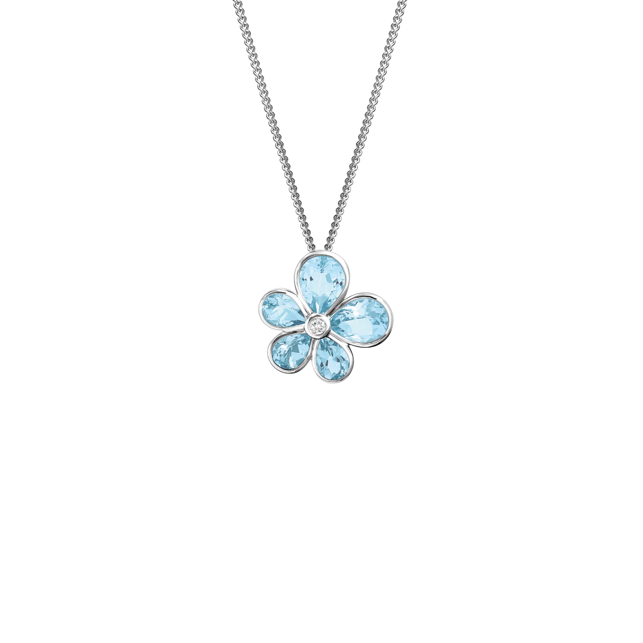 Handcrafted yellow gold flower pendant with aquamarine petals and diamond accents, birthstone of November.