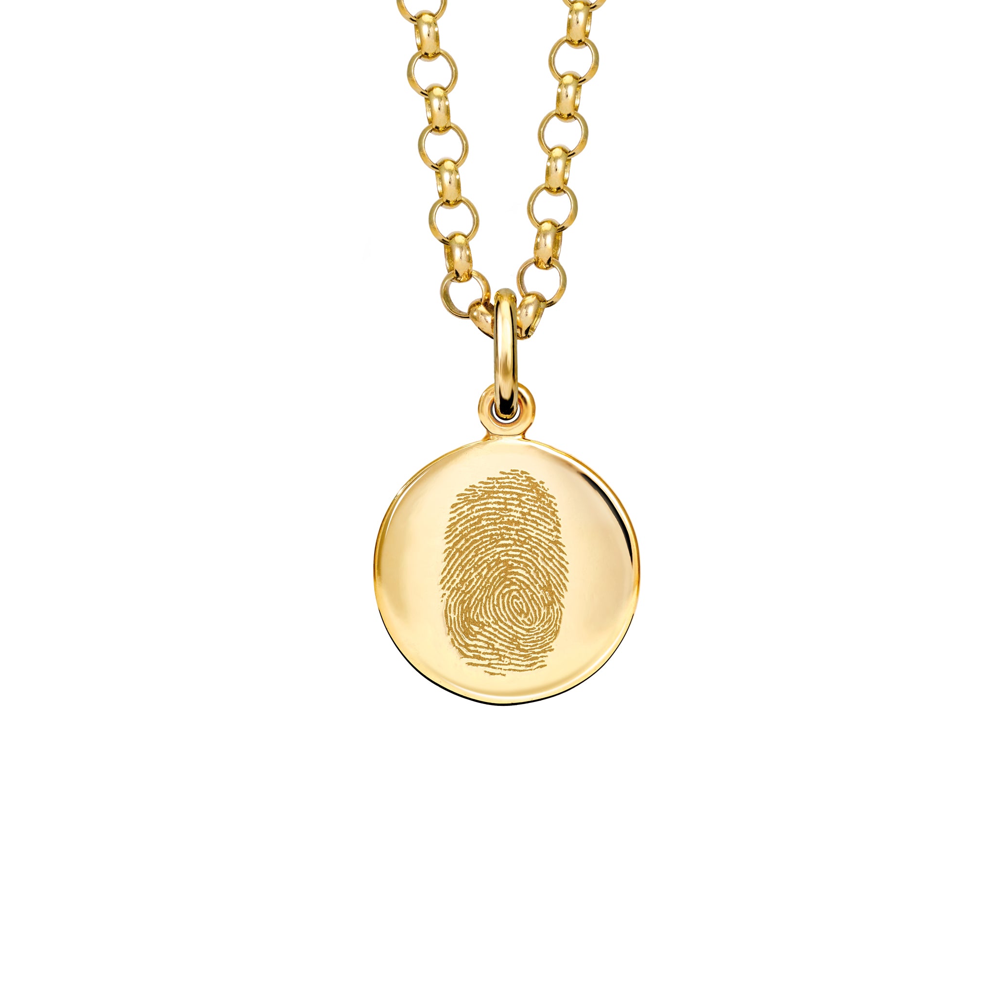 A handcrafted necklace pendant in precious metal featuring an engraved fingerprint.