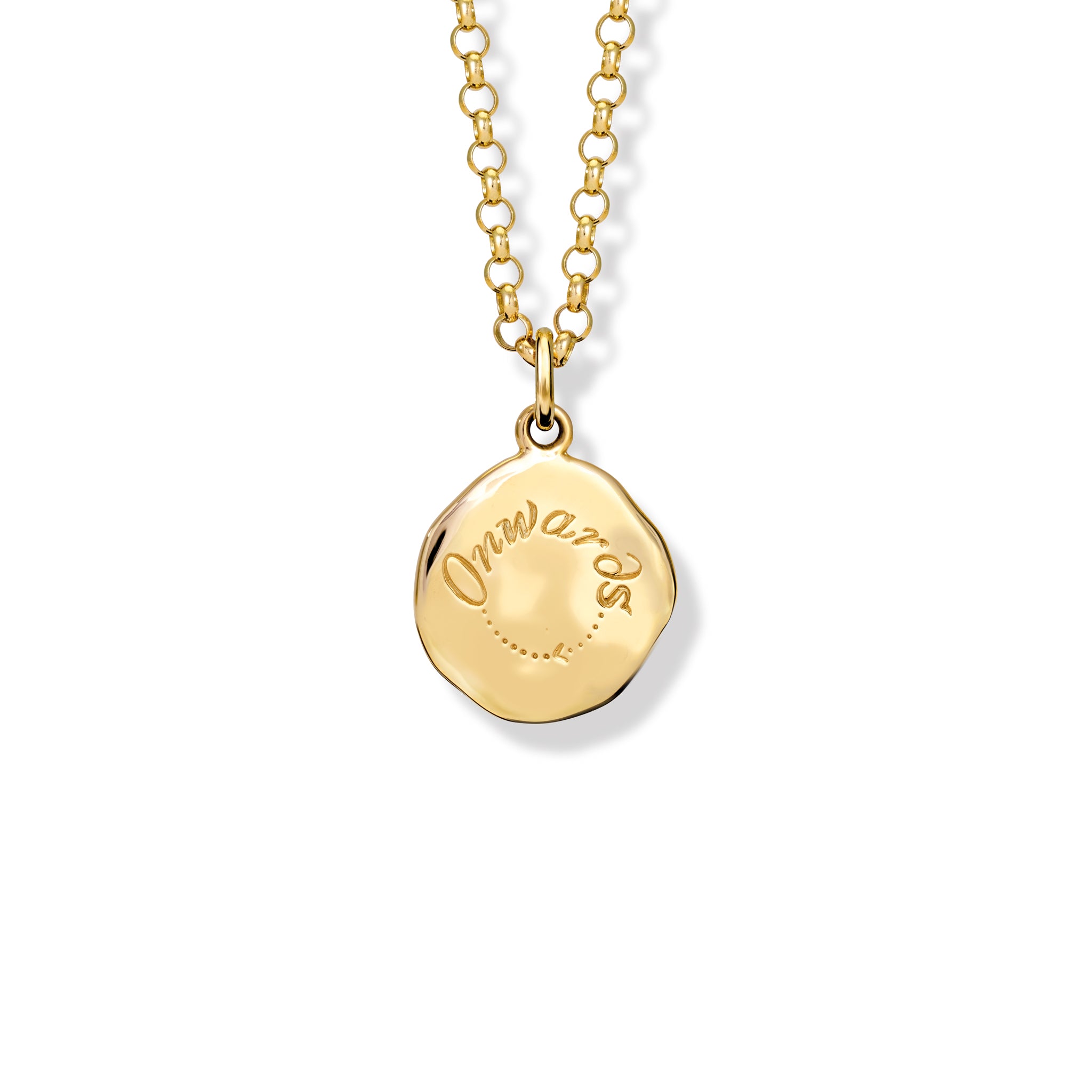 Handcrafted yellow gold necklace pendant engraved with the quote, 'Onwards.'