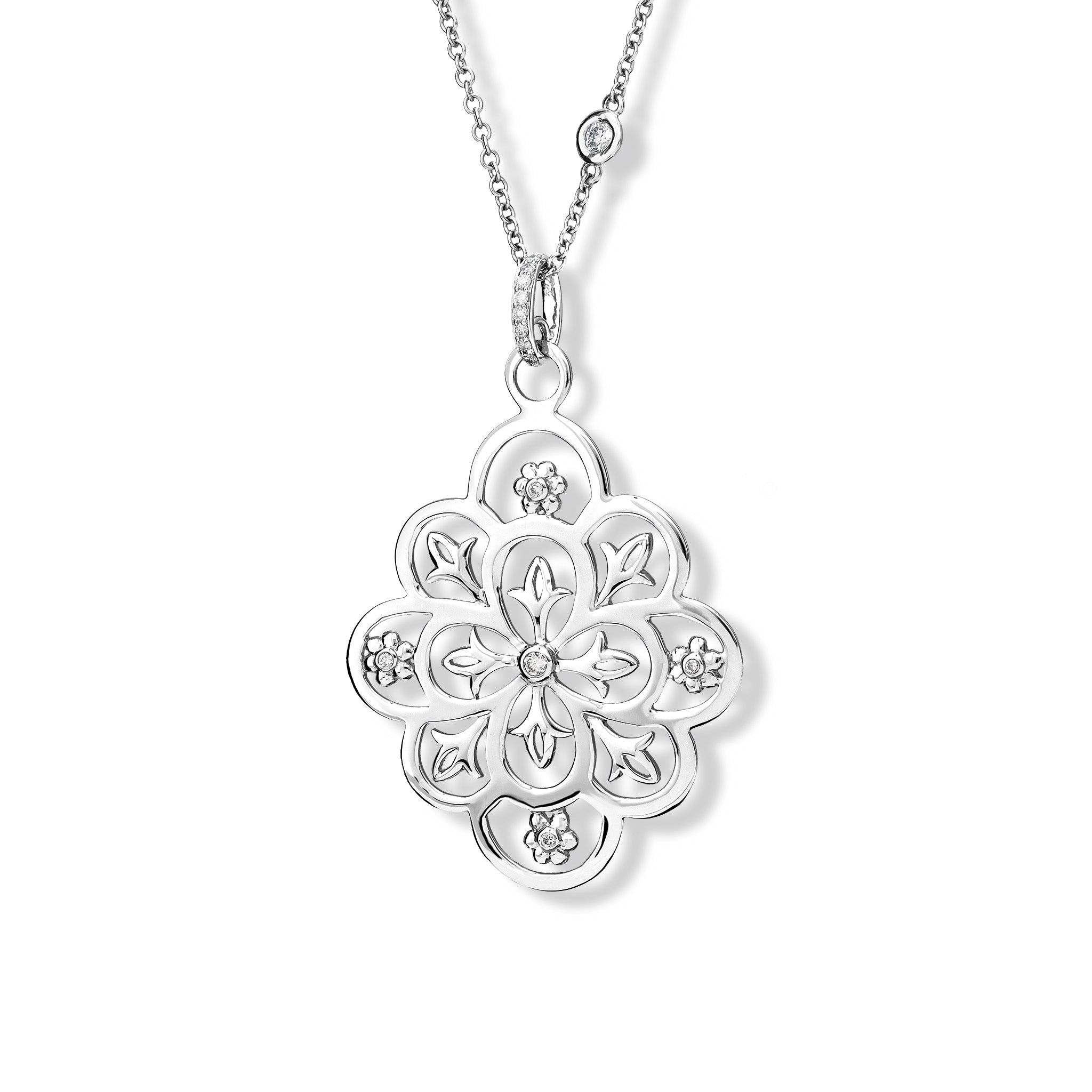 Handcrafted sterling silver necklace pendant featuring the intricate Mexican Tree of Life design with diamonds.