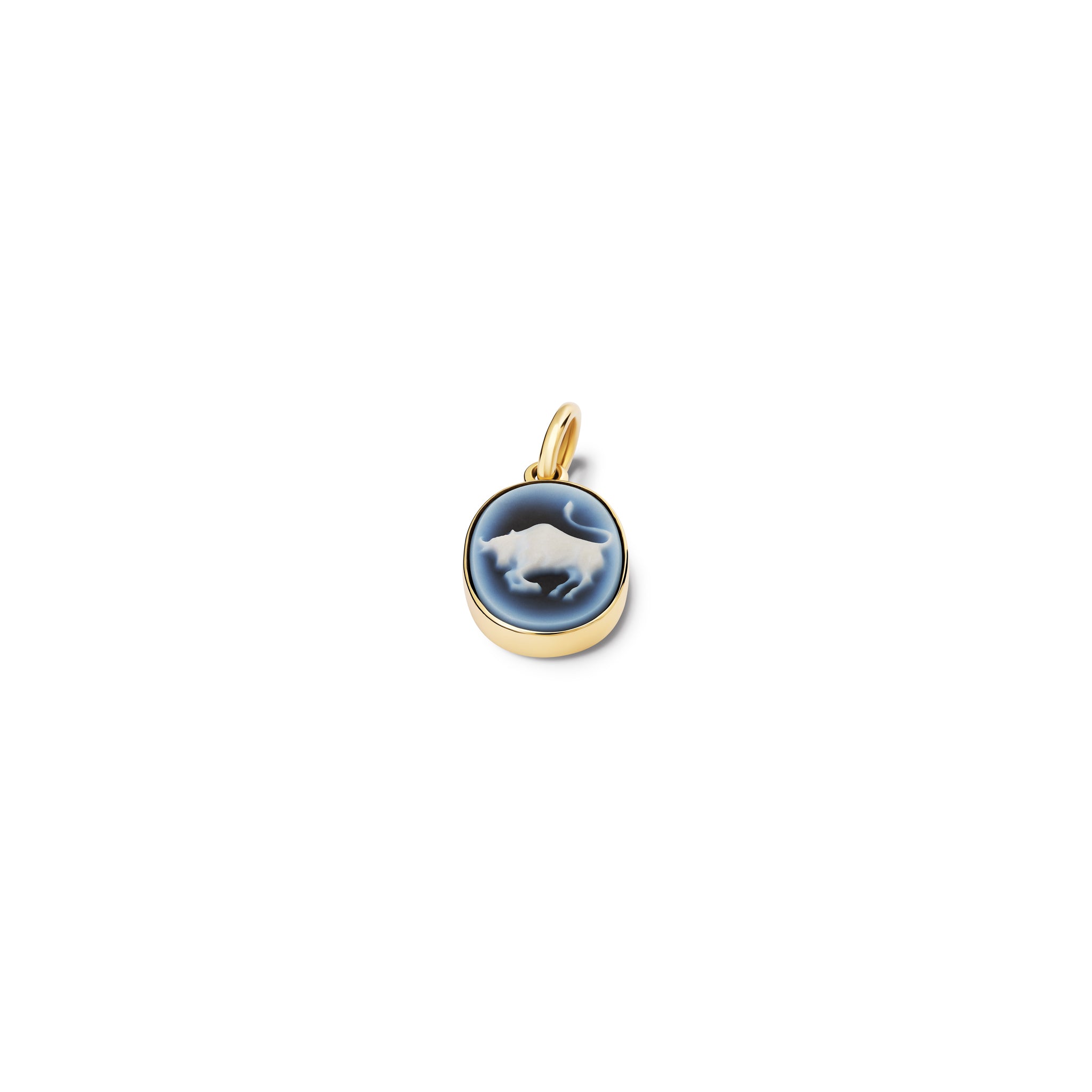 zodiac taurus cameo necklace pendant in yellow gold with blue and white agate, featuring detailed bull motif, inspired by traditional cameo jewellery and handcrafted artisan design, mexico inspired