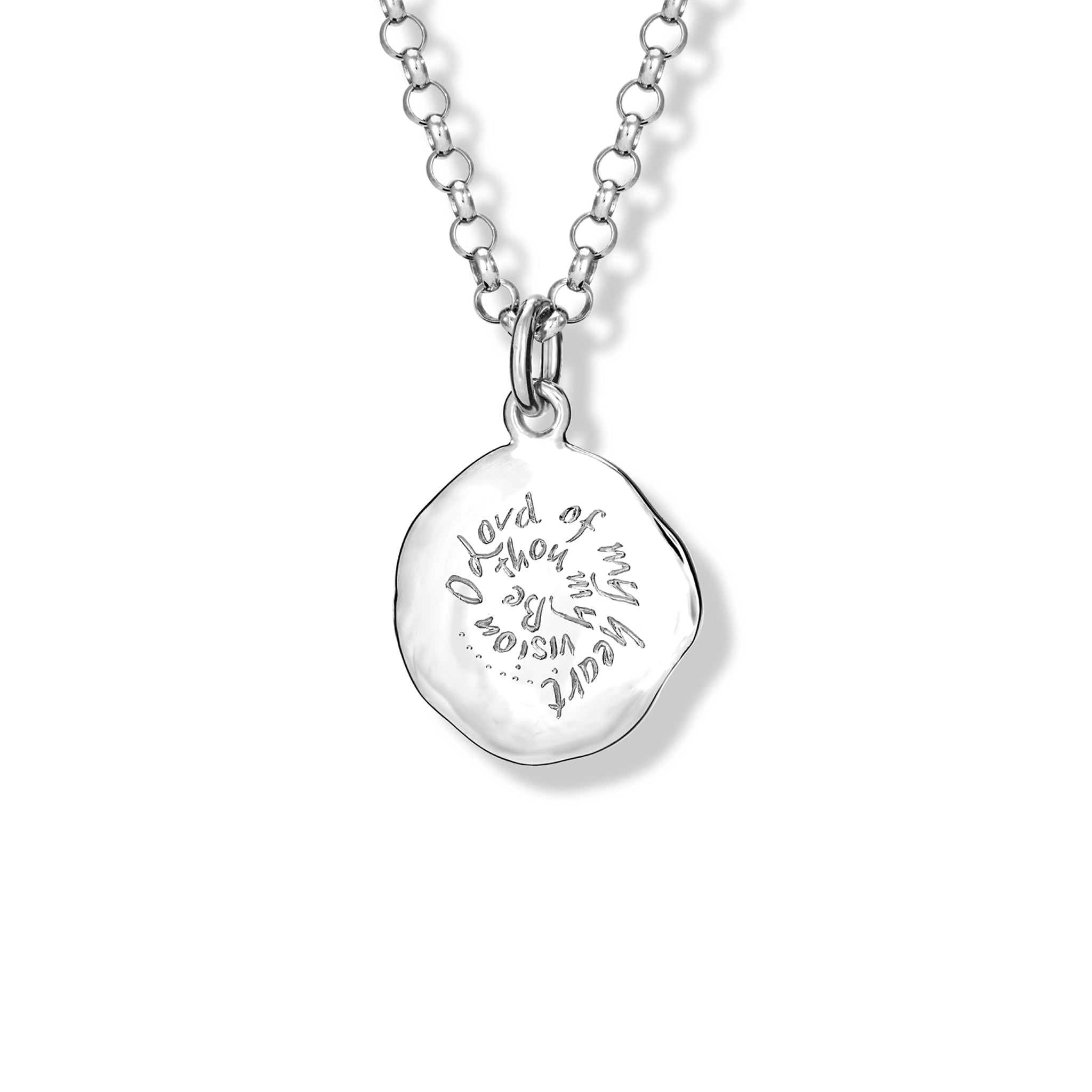 Handcrafted round sterling silver necklace pendant engraved with the quote, 'Be thou my vision, O Lord of my heart.'