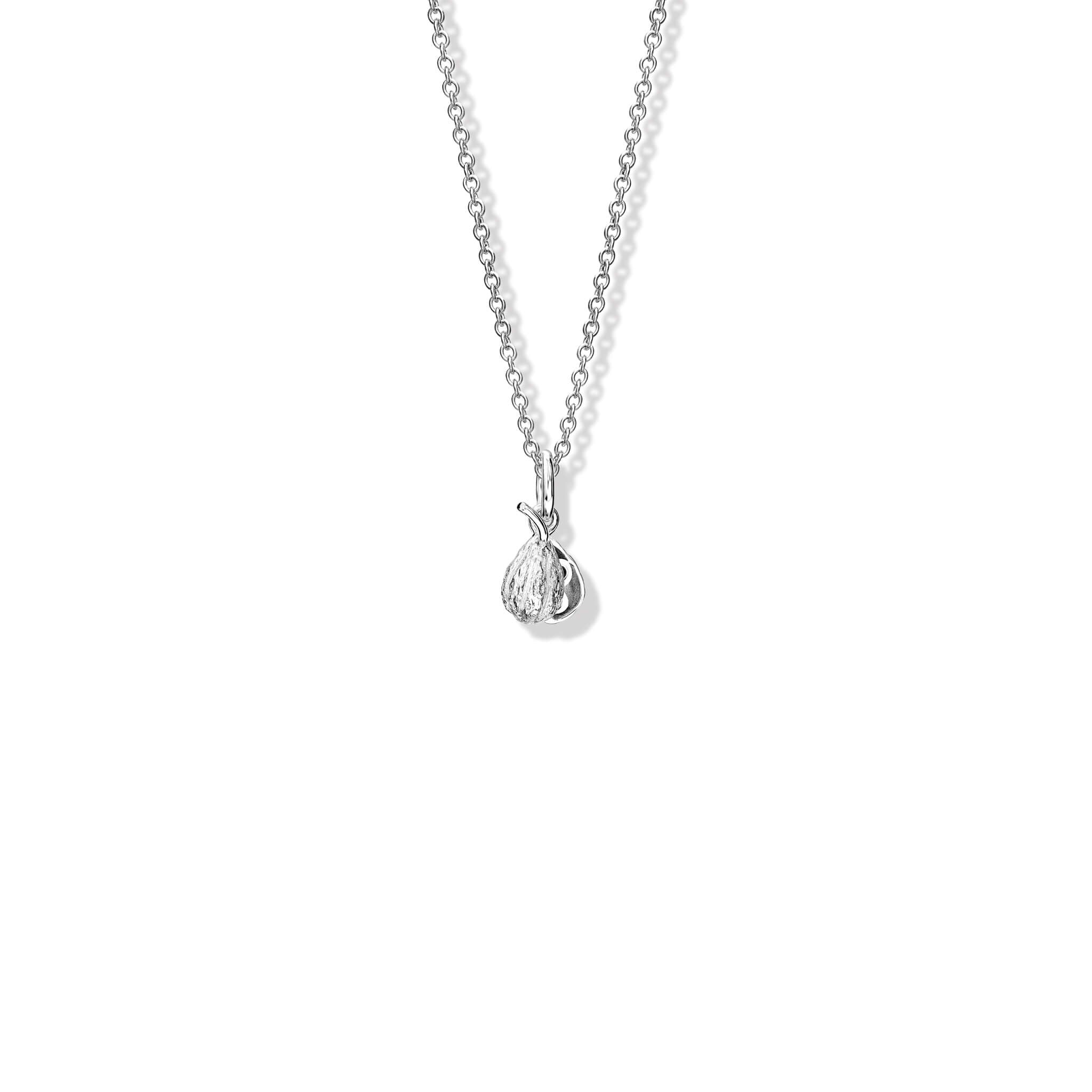 Handcrafted silver necklace pendant in the shape of a cocoa pod which swivels open. Perfect for chocolate lovers.