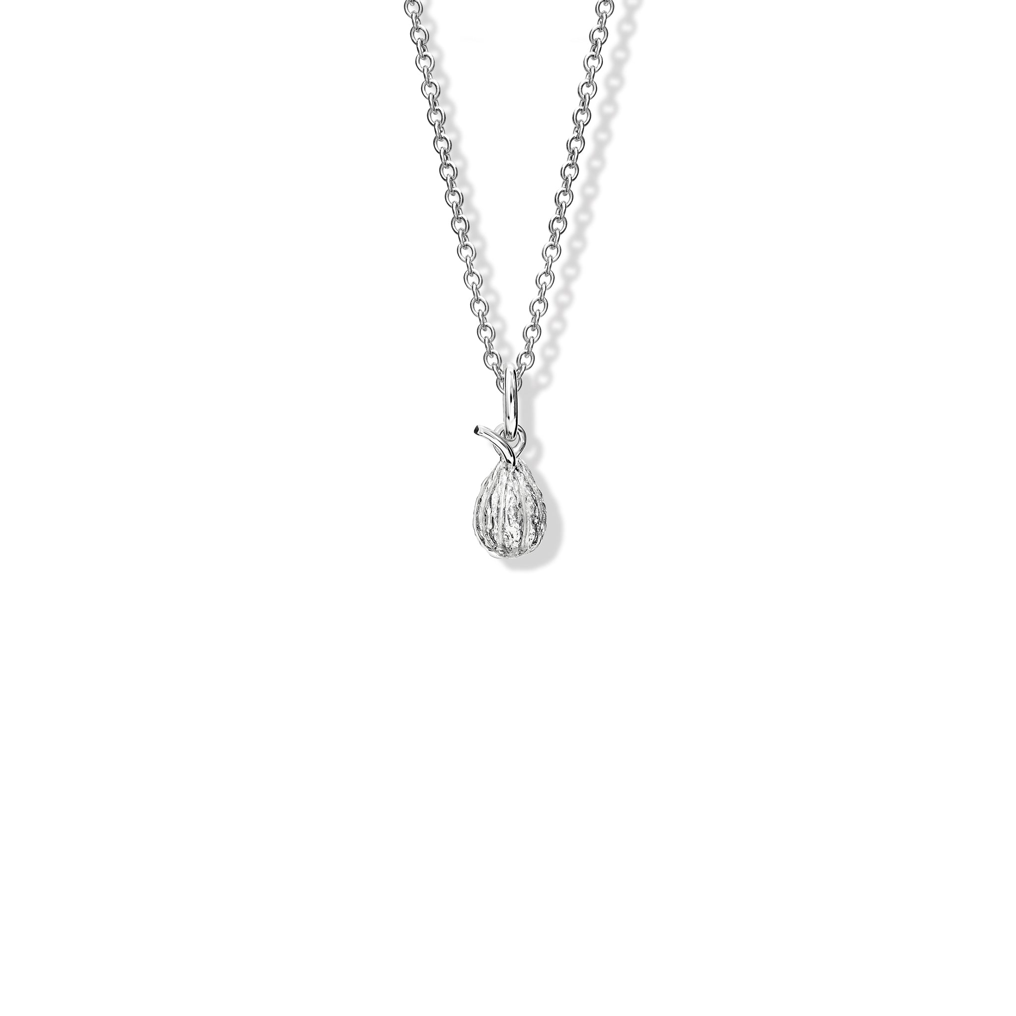 Handcrafted silver necklace pendant in the shape of a cocoa pod which swivels open. Perfect for chocolate lovers.