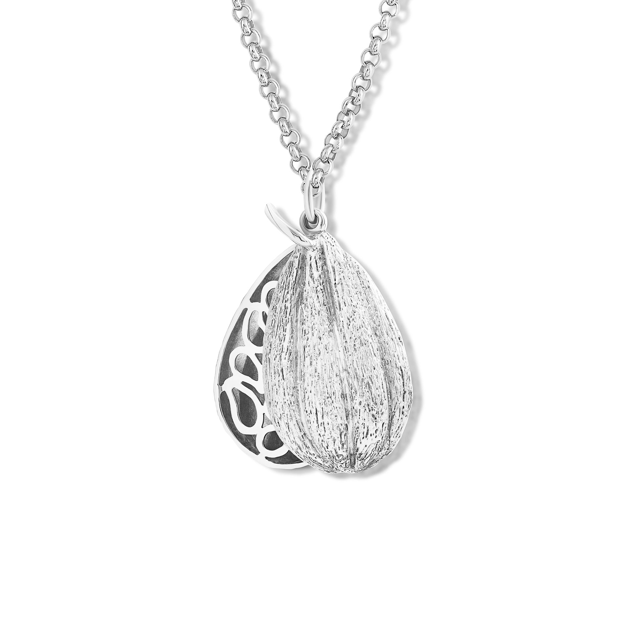 Handcrafted sterling silver necklace pendant in the shape of a cocoa pod which swivels open.