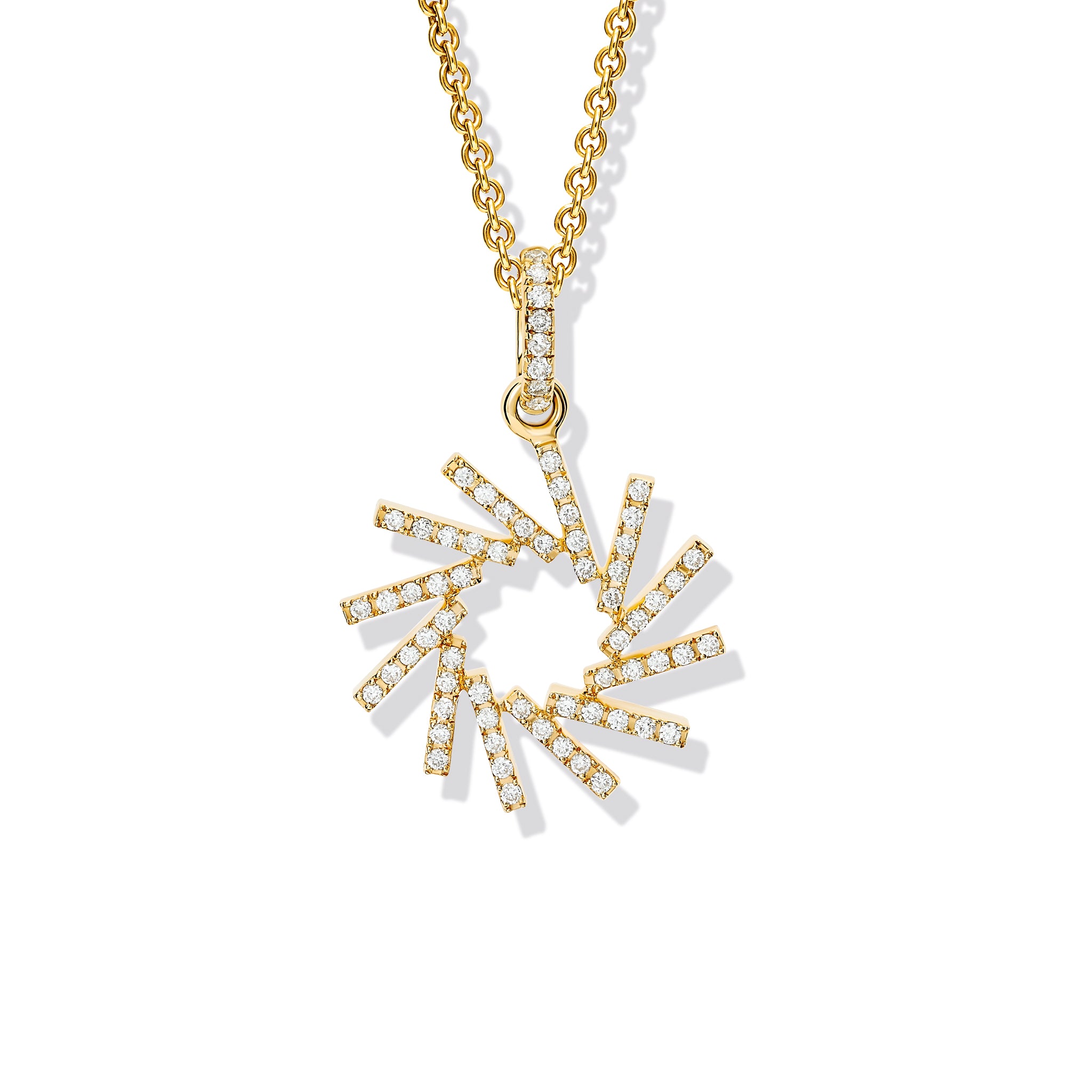 Handcrafted 18ct yellow gold necklace pendant featuring a circular shape of diagonal lines with diamonds.