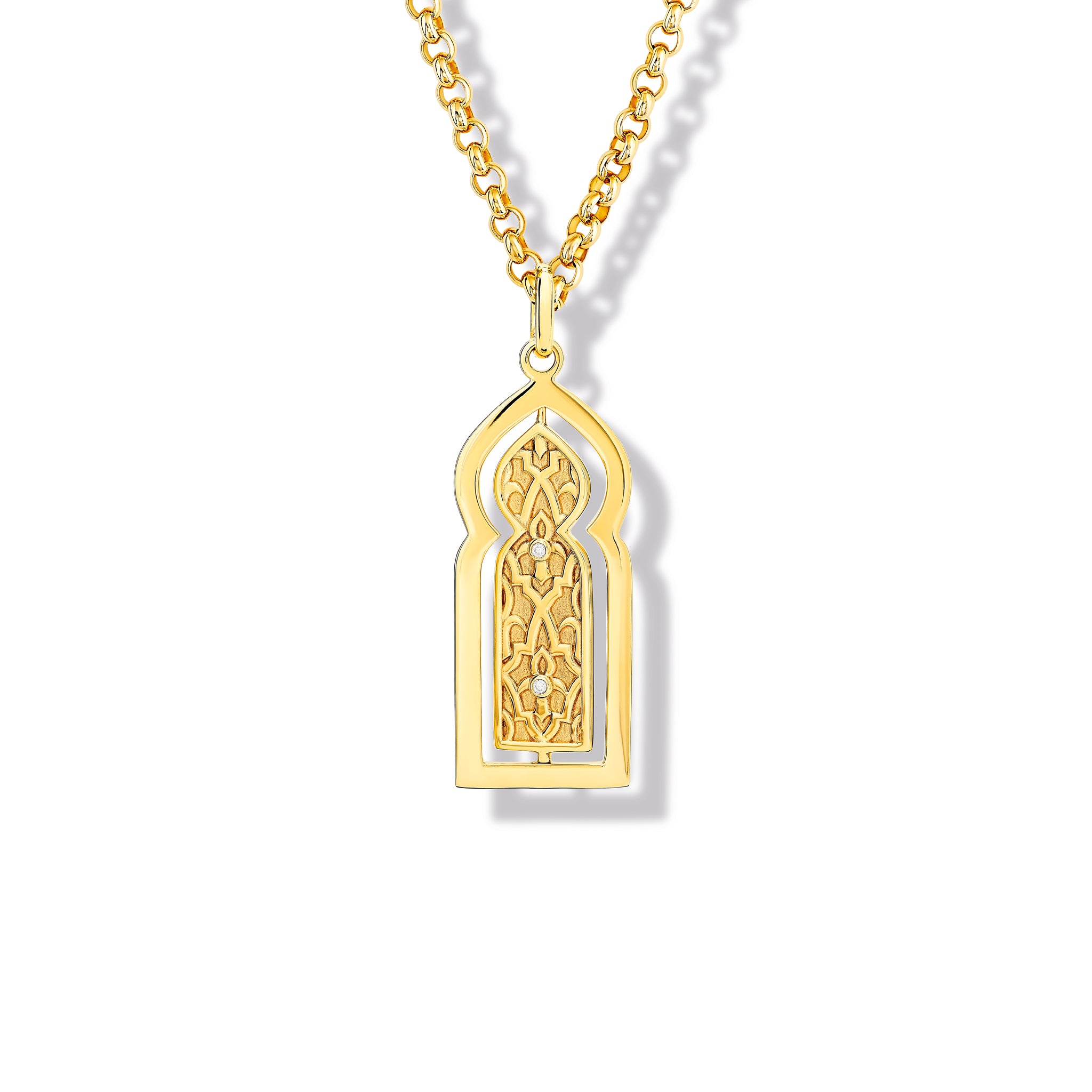 Handcrafted yellow gold necklace pendant featuring a narrow door with diamonds.