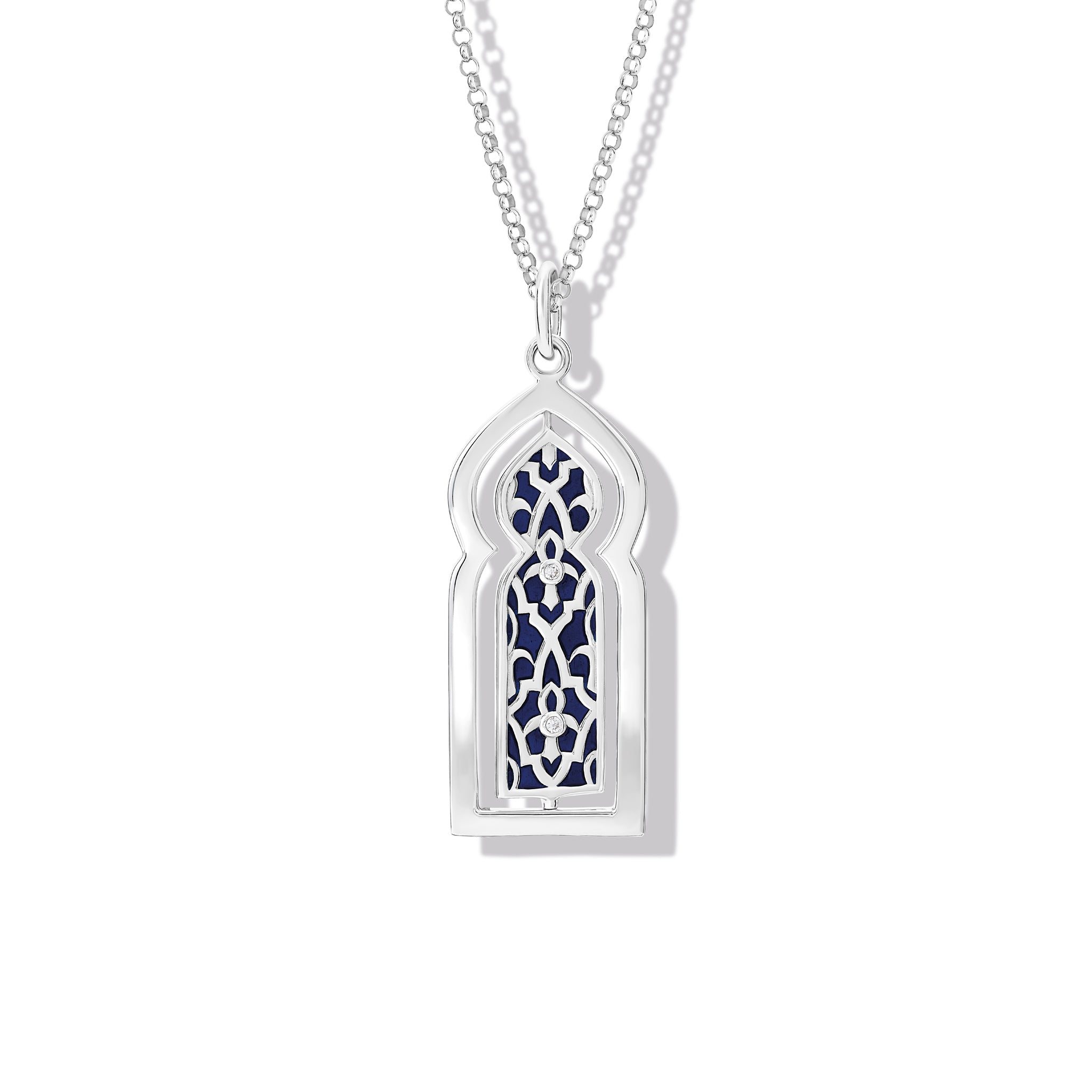 Handcrafted sterling silver necklace pendant featuring a narrow door with blue enamel and diamonds.