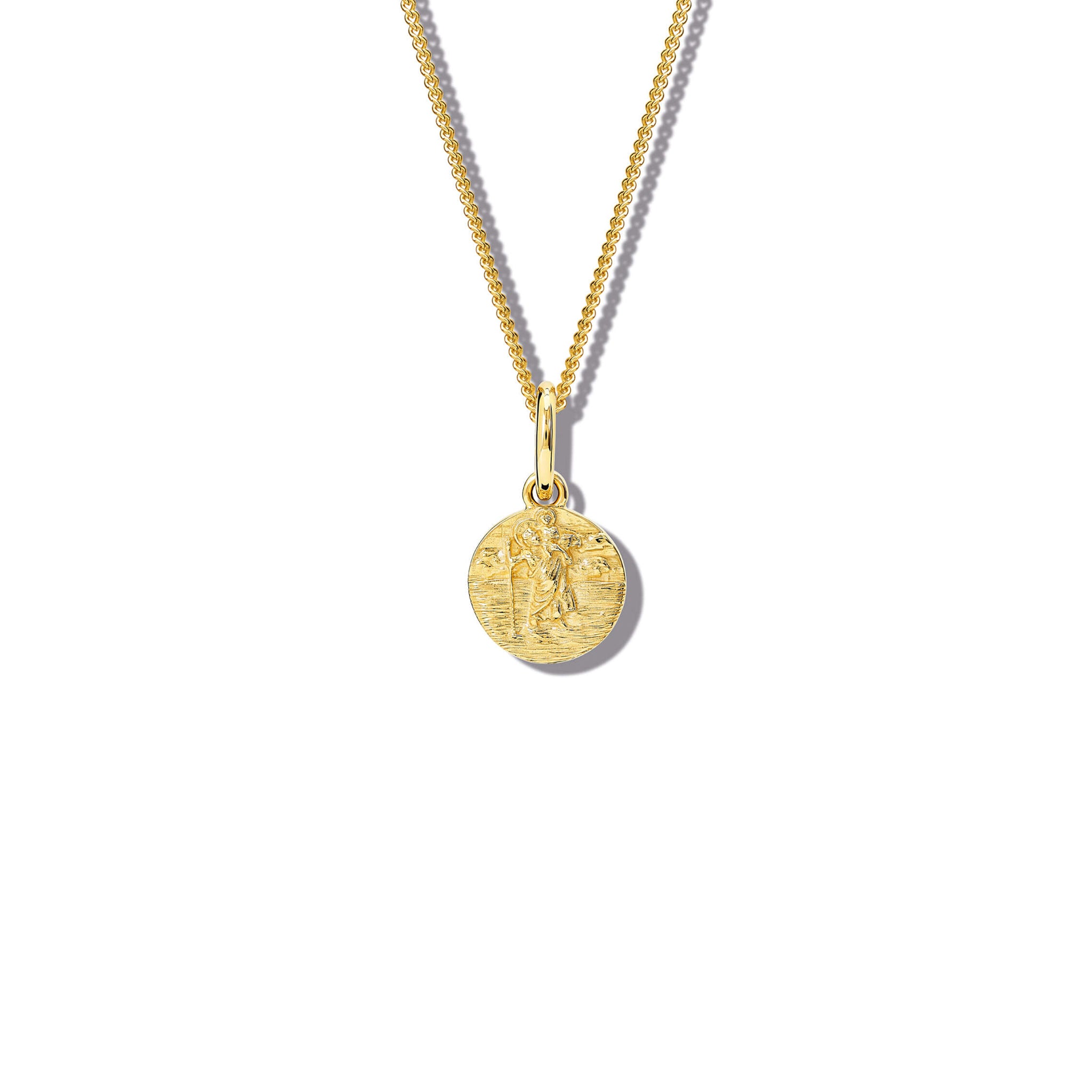 Handcrafted round yellow gold necklace pendant featuring an engraving of Saint Christopher, hanging from a gold chain