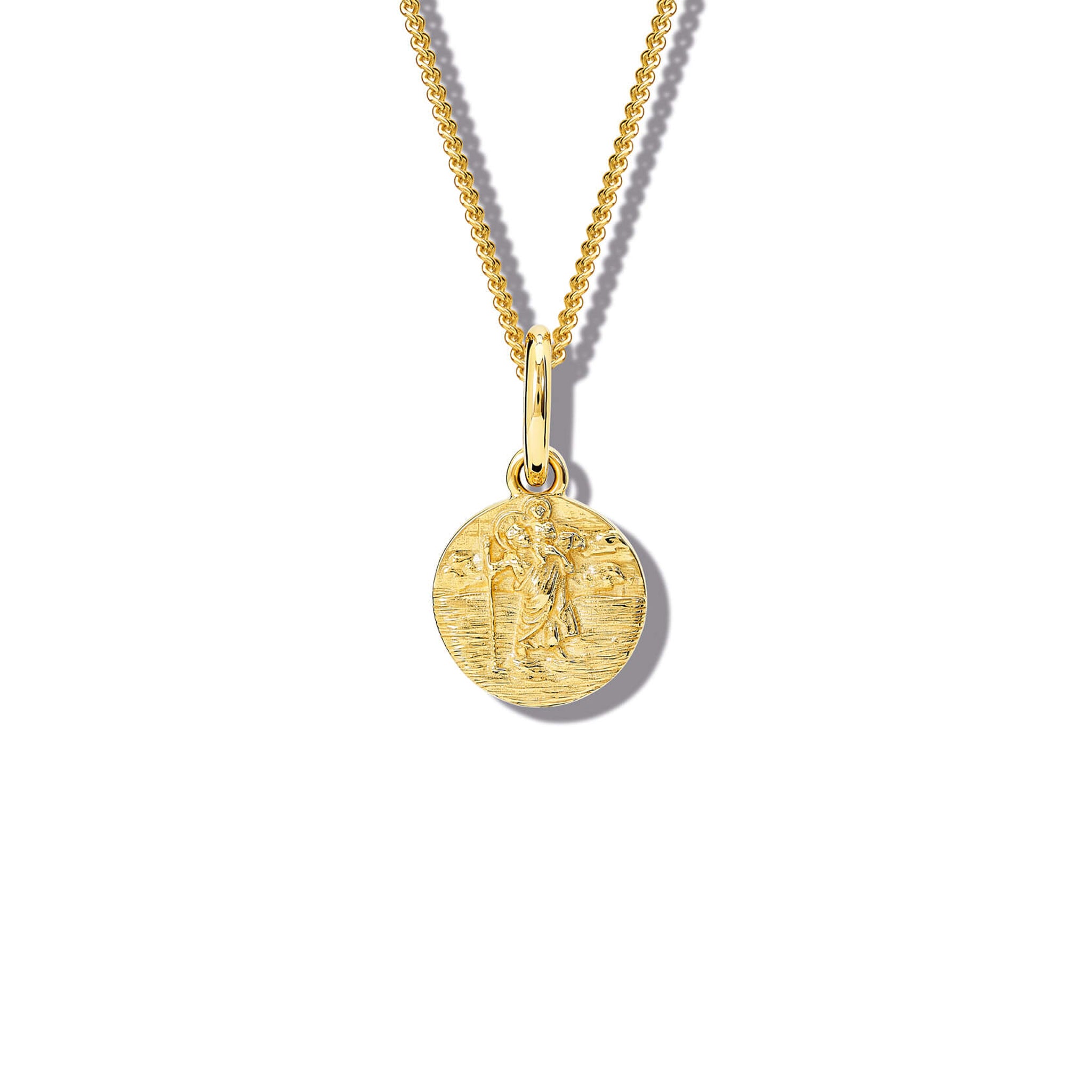 Handcrafted round yellow gold necklace pendant featuring an engraving of Saint Christopher, hanging from a yellow gold chain.