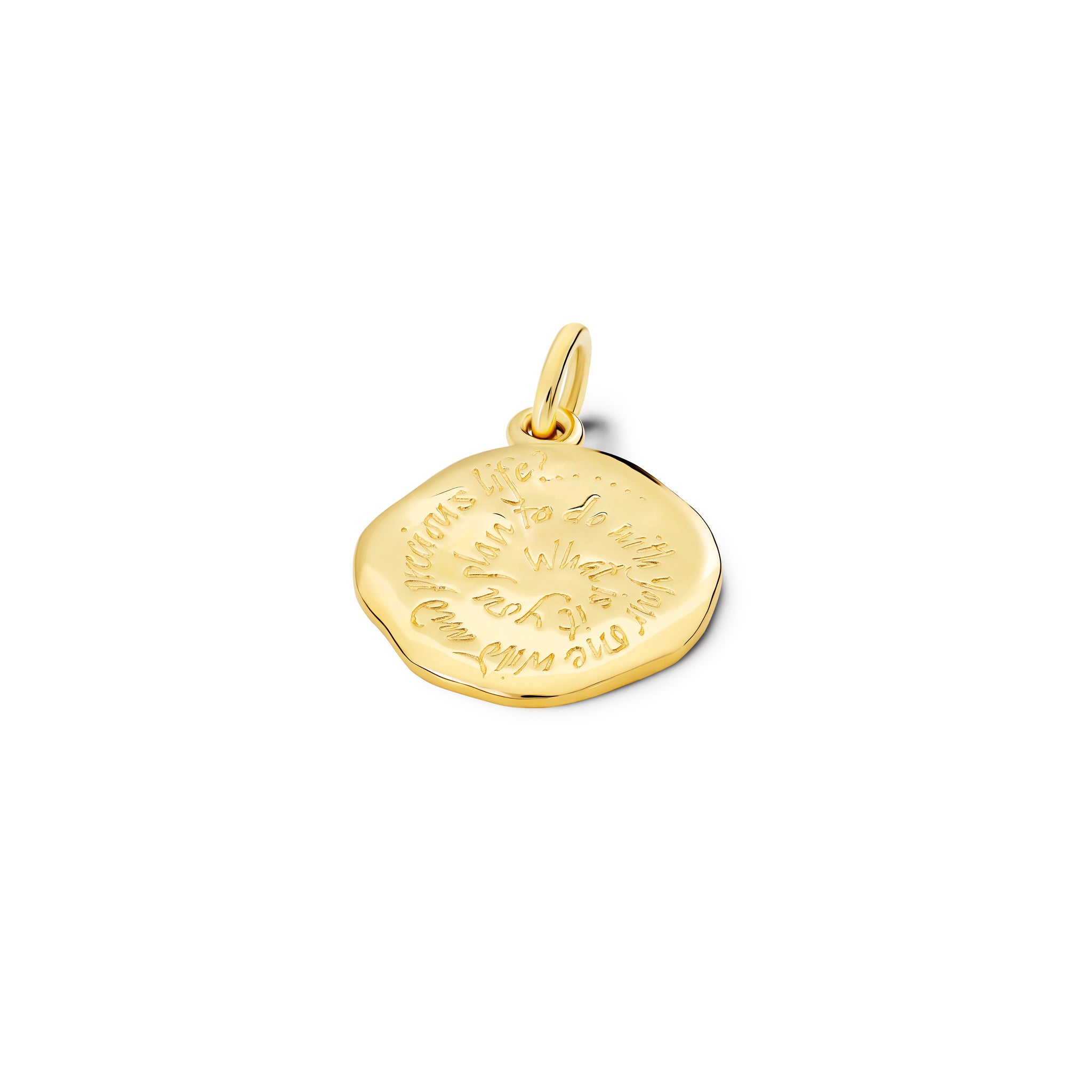Handcrafted yellow gold necklace pendant engraved with the quote, 'What is it you will do with your one wild and precious life.'