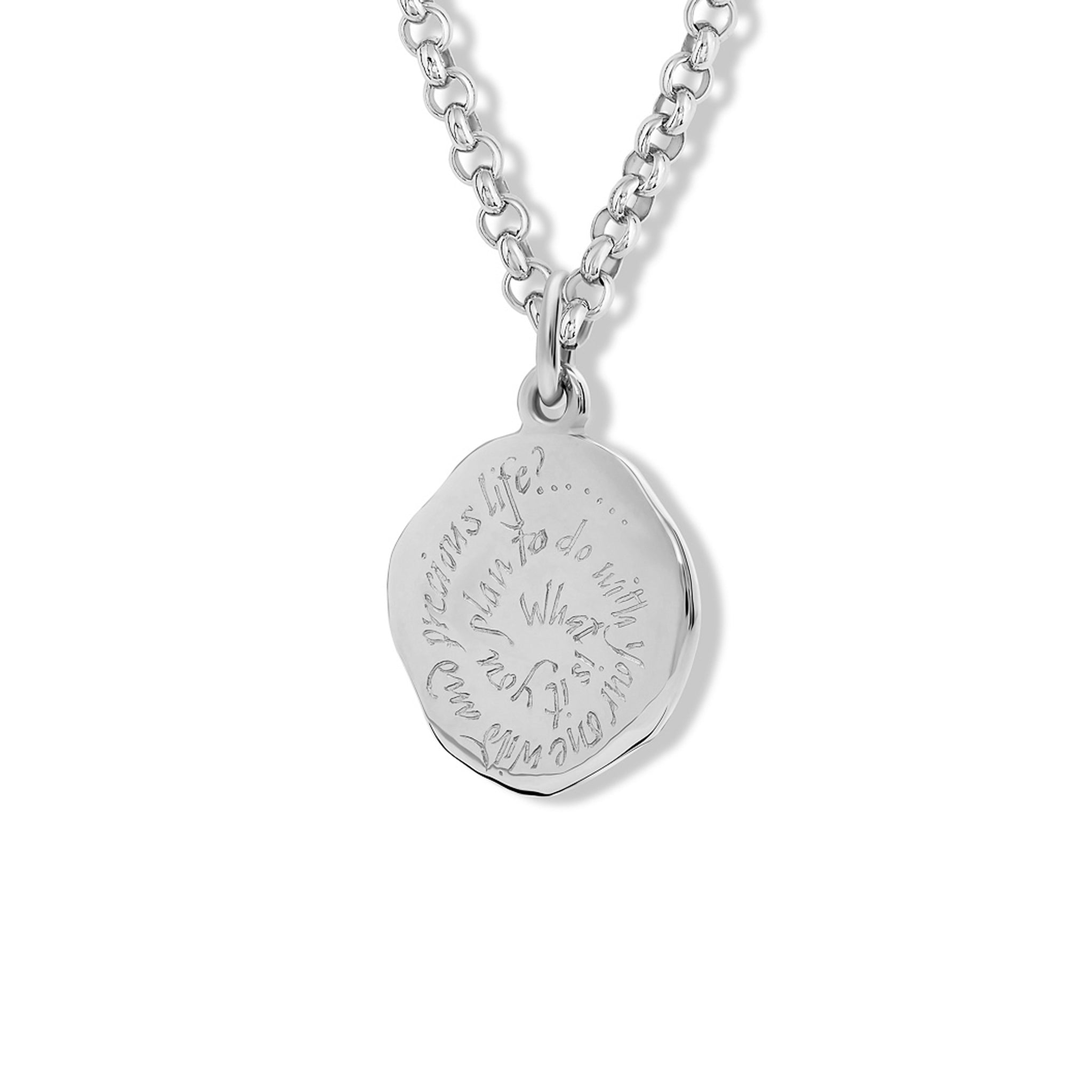 Handcrafted sterling silver necklace pendant engraved with the quote, 'What is it you will do with your one wild and precious life.'