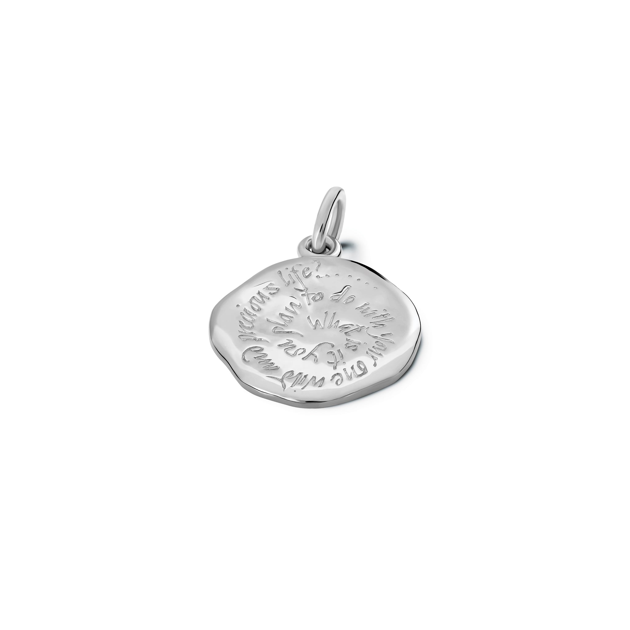 Handcrafted sterling silver necklace pendant engraved with the quote, 'What is it you will do with your one wild and precious life.'