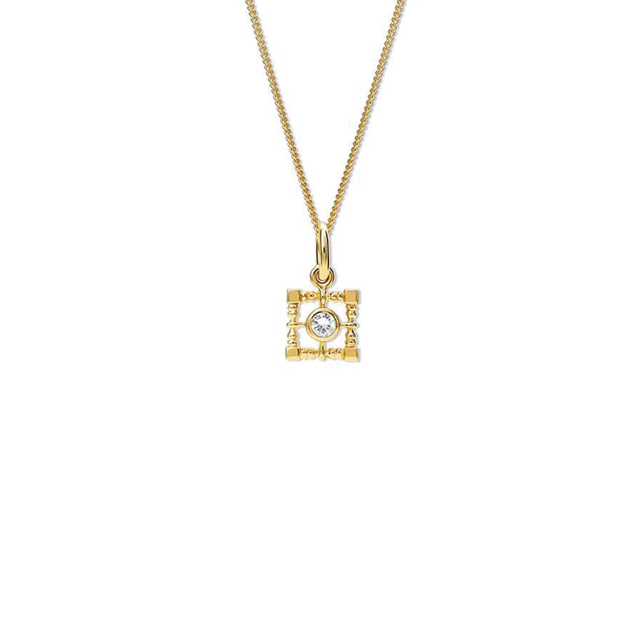 Handcrafted yellow gold necklace pendant featuring a square-shaped frame with a central diamond, birthstone of April.