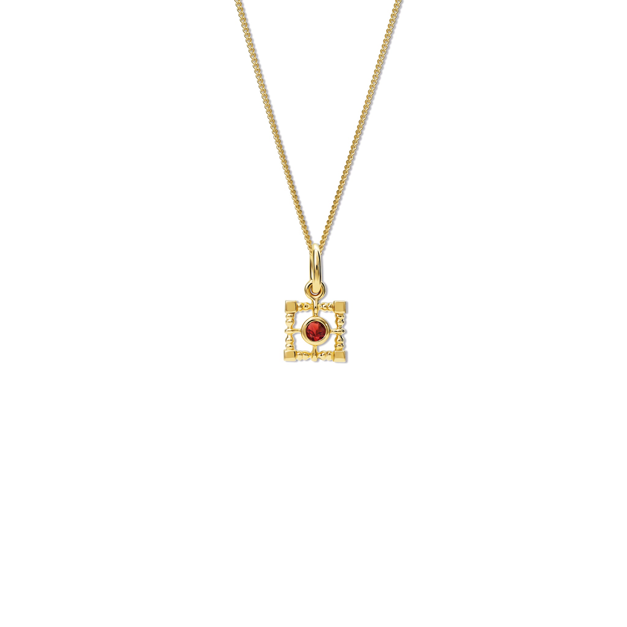 Handcrafted yellow gold necklace pendant  featuring a square-shaped frame with a central garnet, birthstone of January..