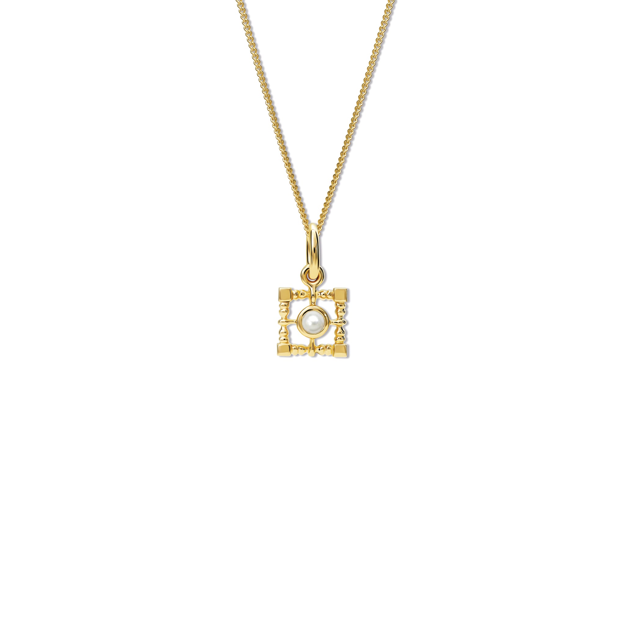 Handcrafted yellow gold necklace pendant  featuring a square-shaped frame with a central pearl, birthstone of June.