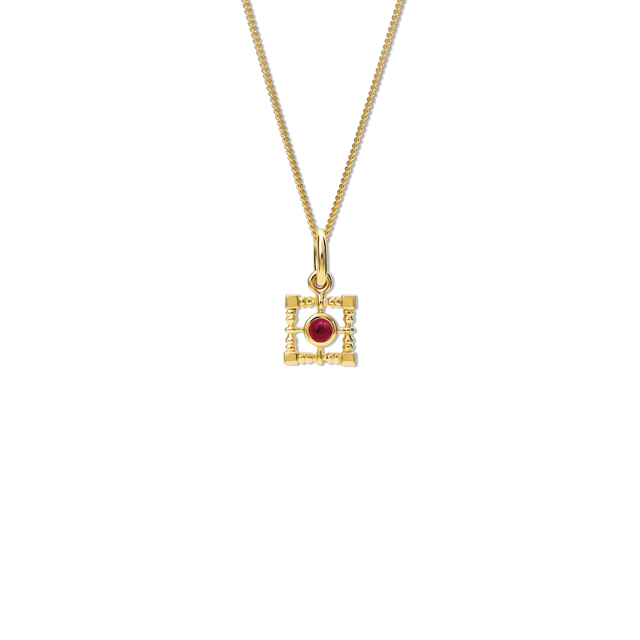 Handcrafted yellow gold necklace pendant  featuring a square-shaped frame with a central ruby, birthstone of July.