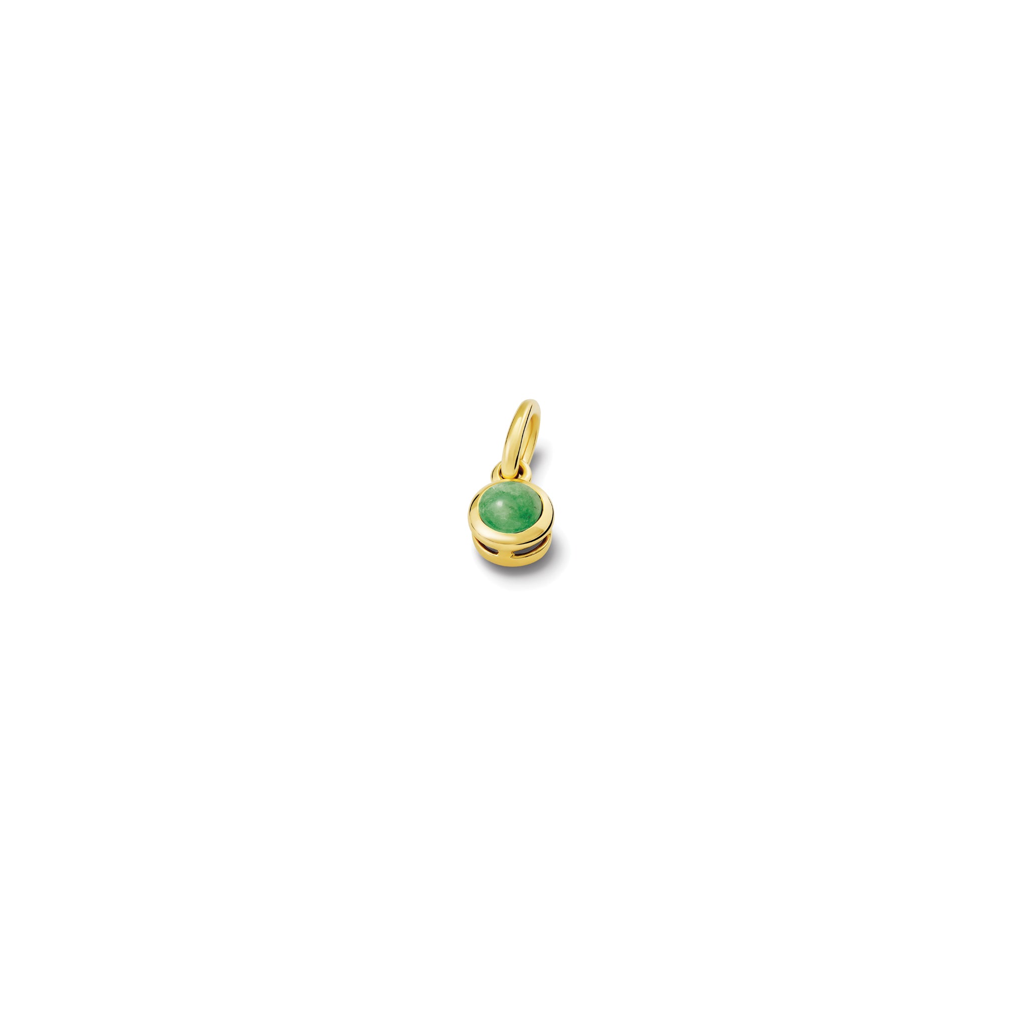 Handcrafted necklace pendant in yellow gold featuring a round emerald drop, birthstone of May.