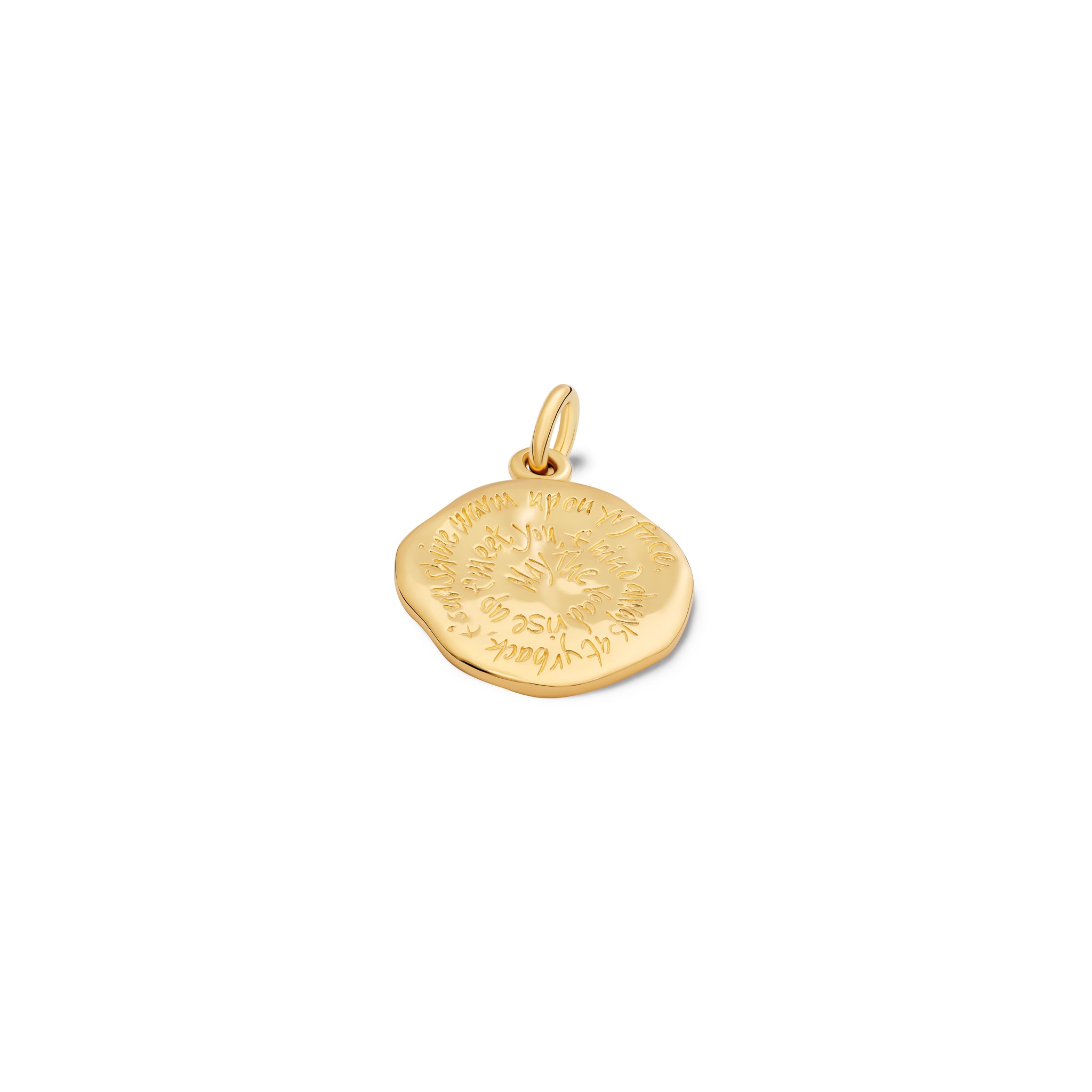 Handcrafted yellow gold necklace pendant engraved with the quote, 'May the road rise up to meet you. May the wind be always at your back. May the sun shine warm upon your face; the rains fall soft up
