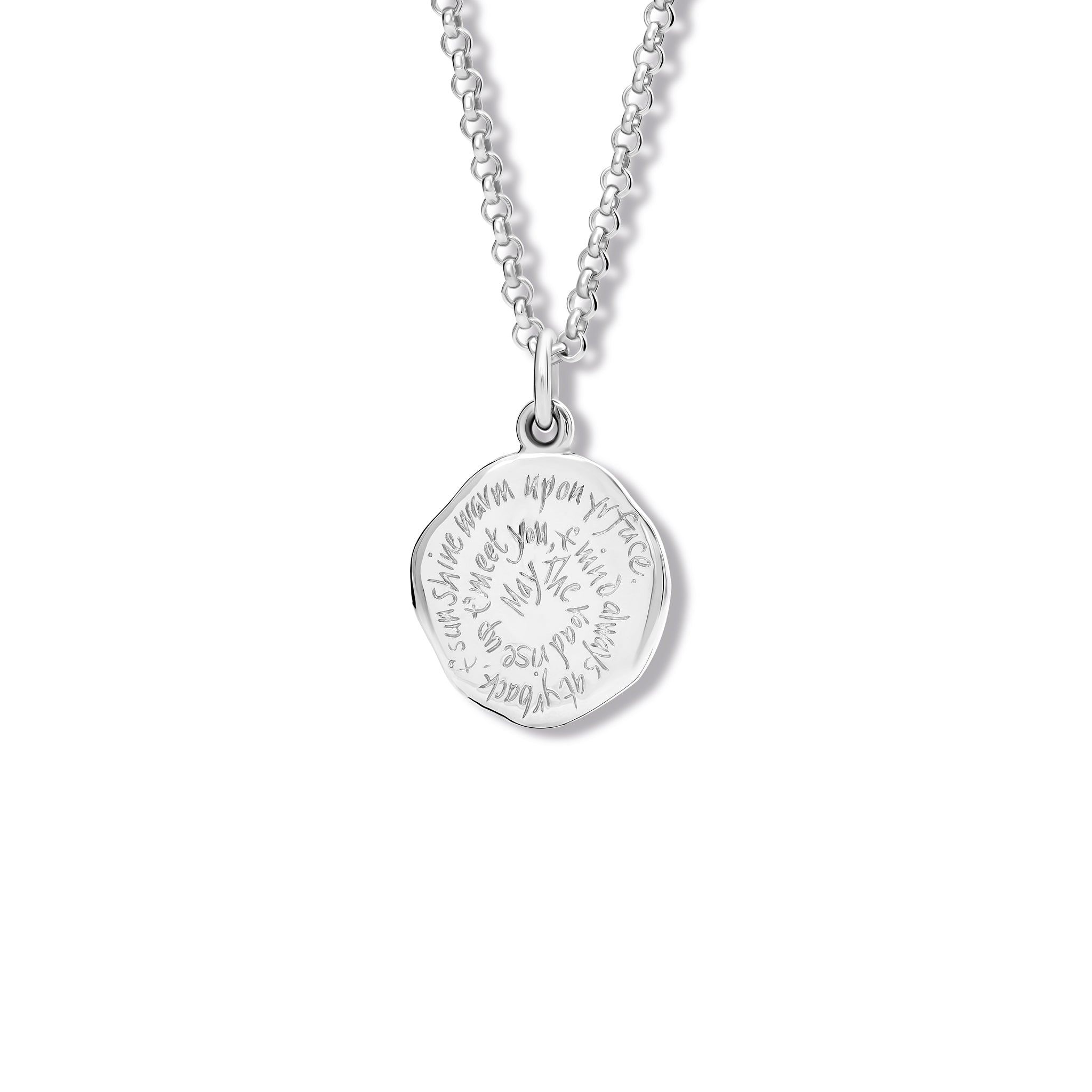 Handcrafted sterling silver necklace pendant engraved with the quote, 'May the road rise up to meet you. May the wind be always at your back. May the sun shine warm upon your face; the rains fall sof